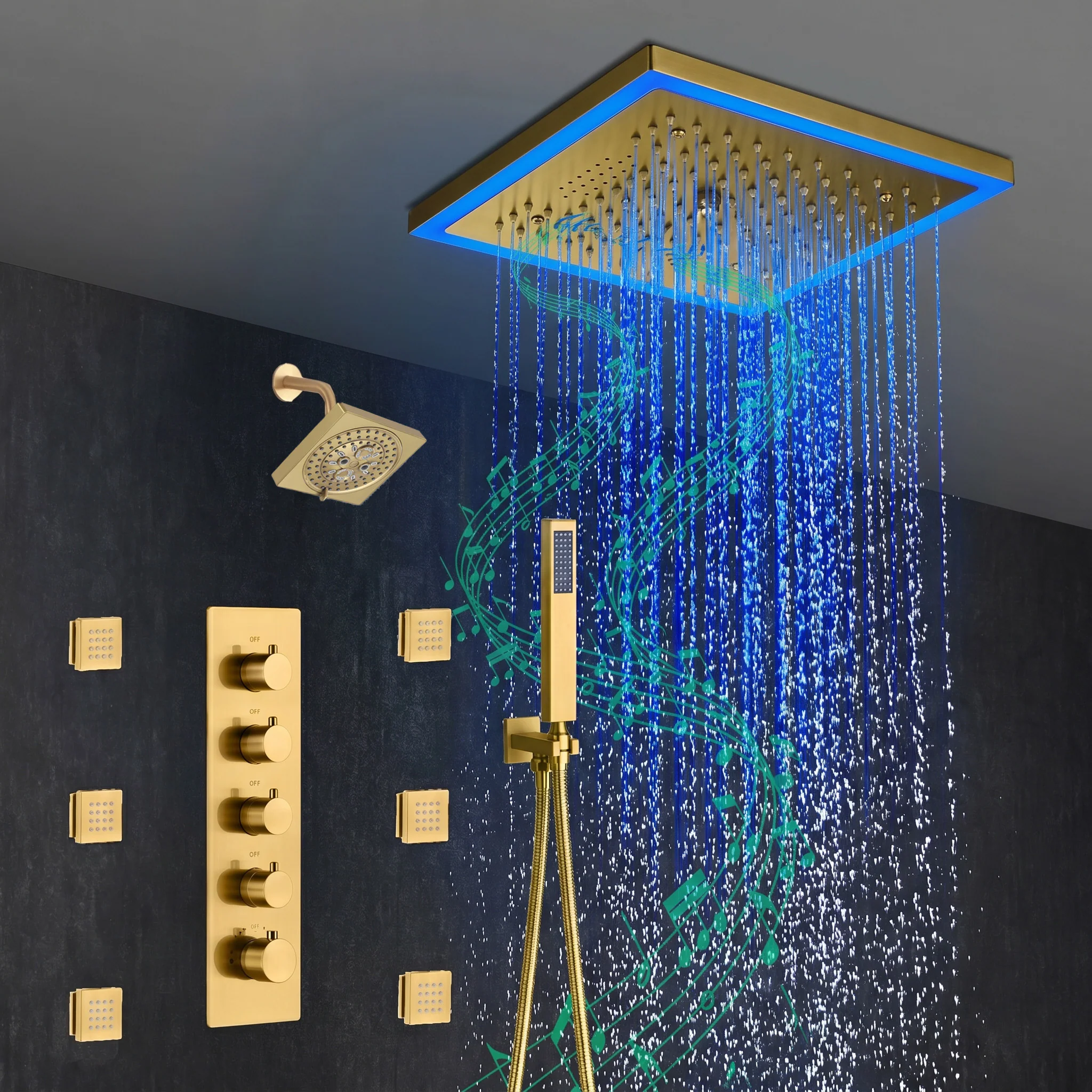 12-Inch Brushed Gold Flush Mount Shower Faucet Set: 4-Way Thermostatic Control, 64-Color LED Lights, Bluetooth Music, and Regular Head and body jets - Image 2