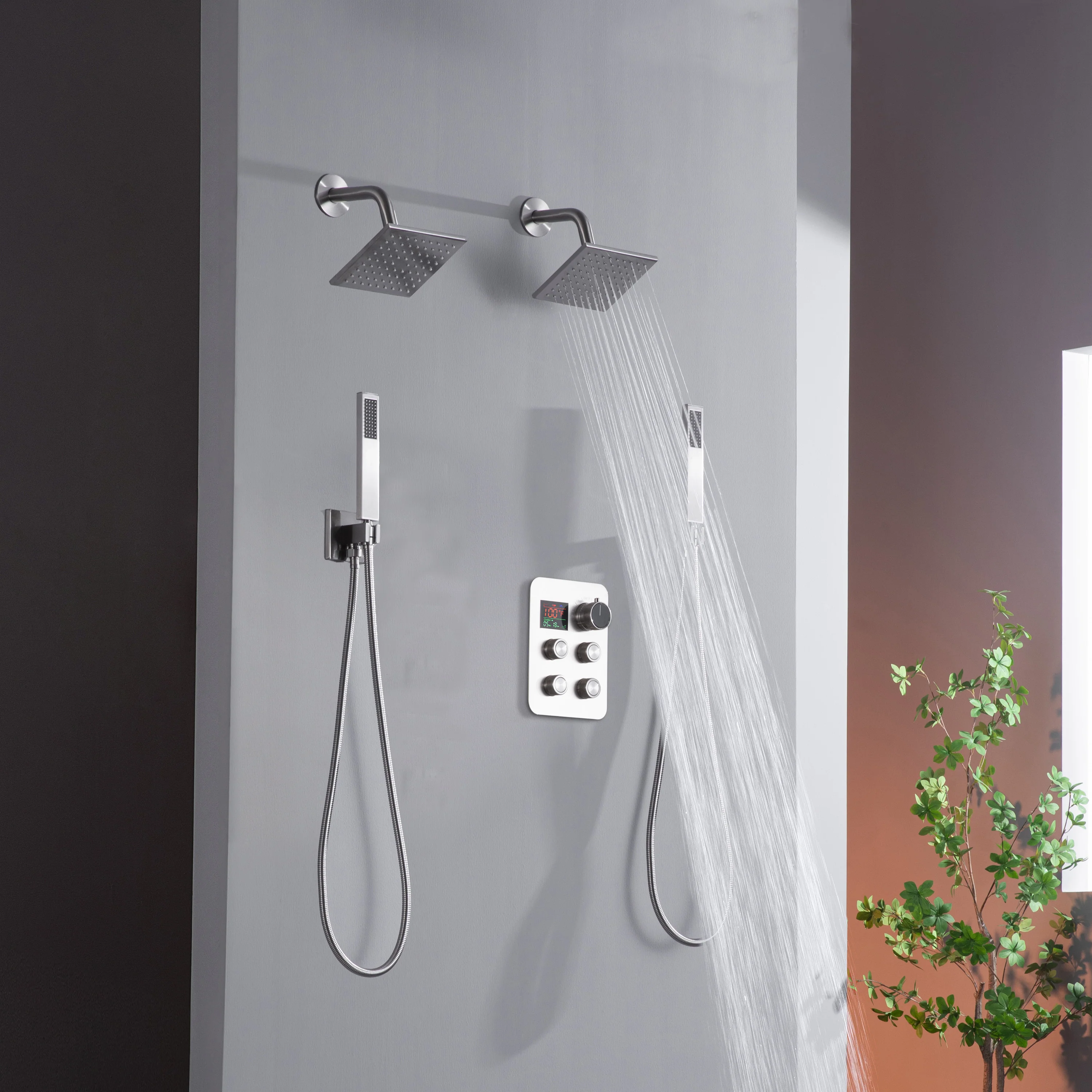 4-Way Thermostatic Faucet with Dual Regular Heads and Dual Handle wands