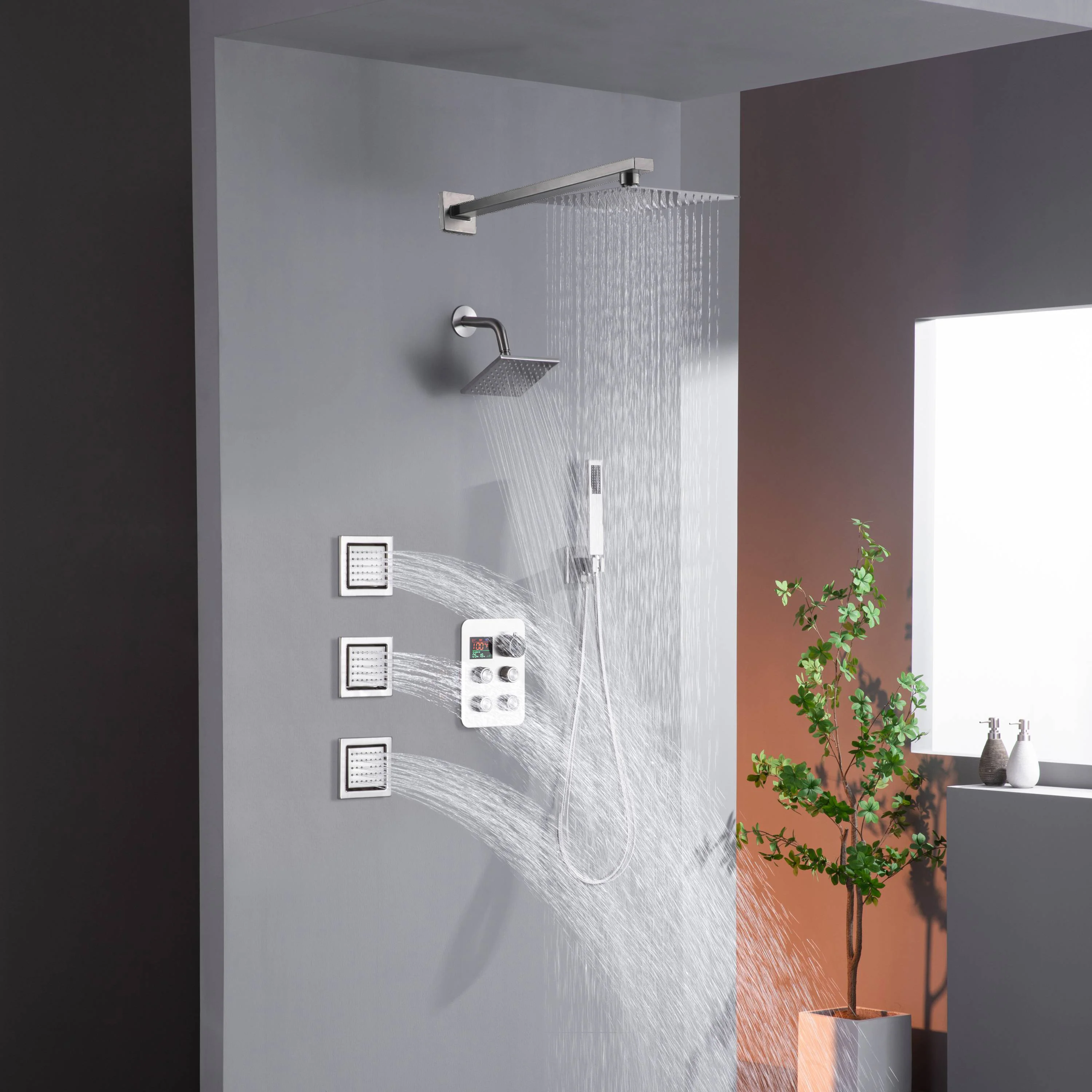 12" or 16" Wall Mount Rain Head with 4-Way Thermostatic Faucet and 4" Body Jet