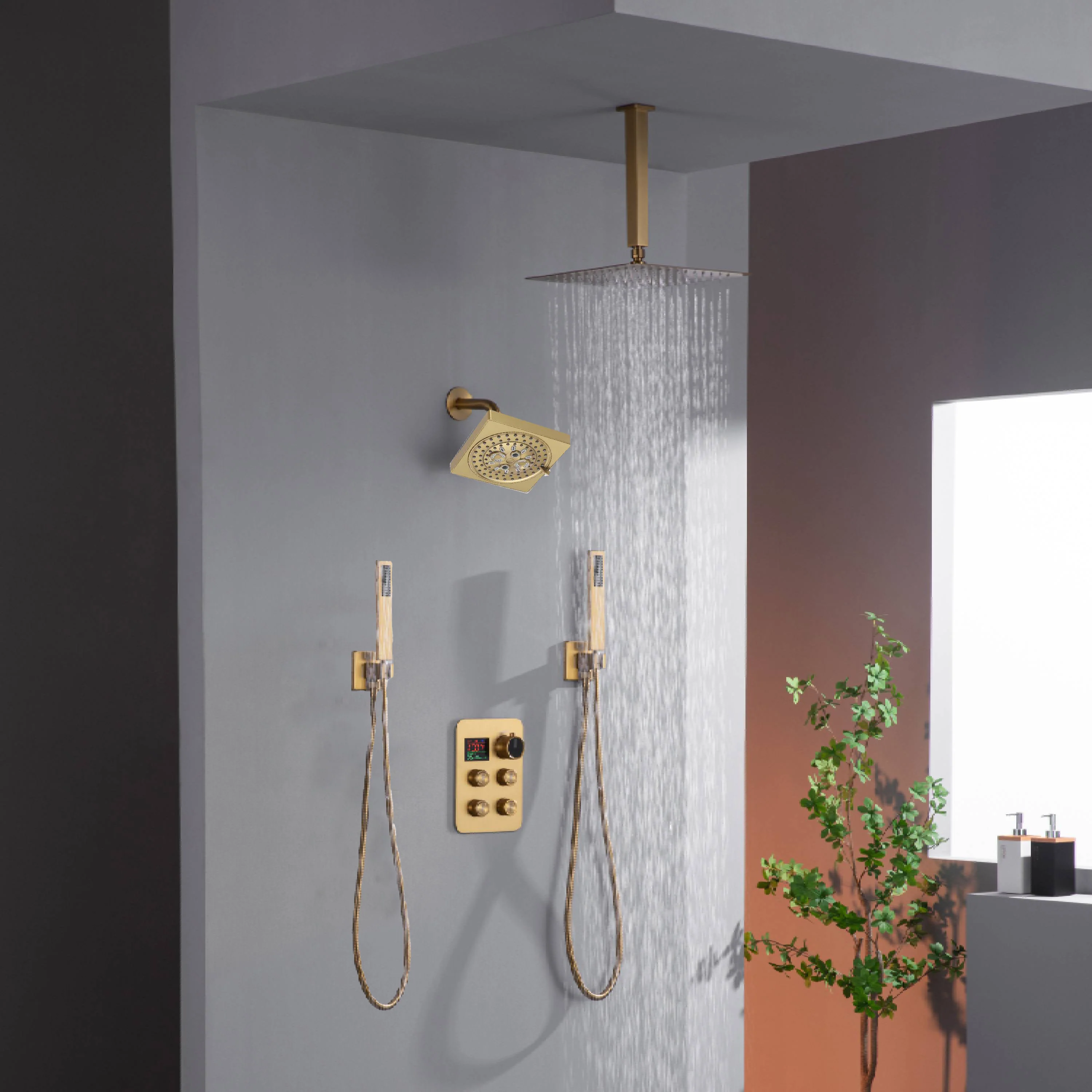 12" or 16" Ceiling Mount Rain Head with 4-Way Thermostatic Faucet and Dual Regular Heads - Image 10