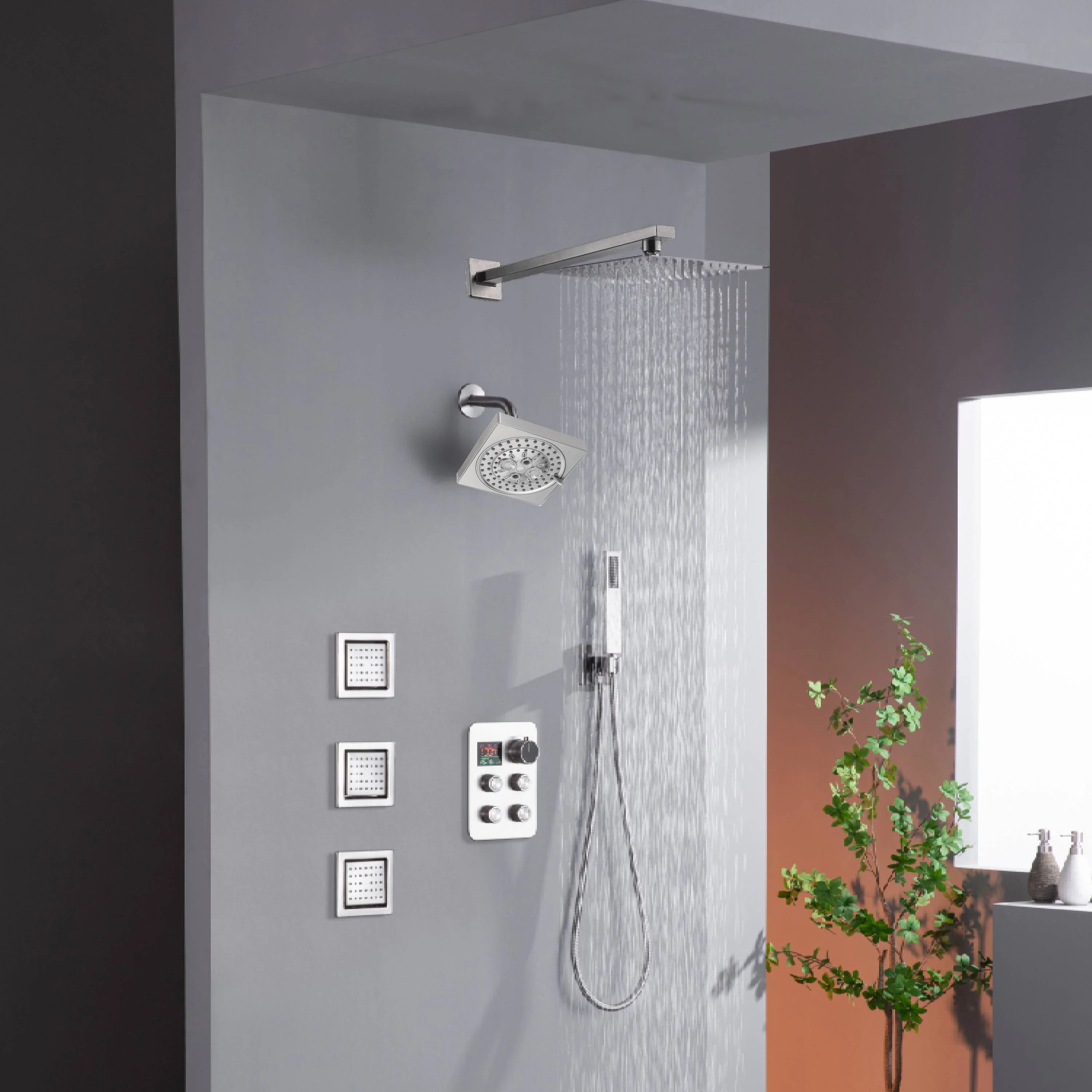 12" or 16" Wall Mount Rain Head with 4-Way Thermostatic Faucet and 4" Body Jet - Image 2