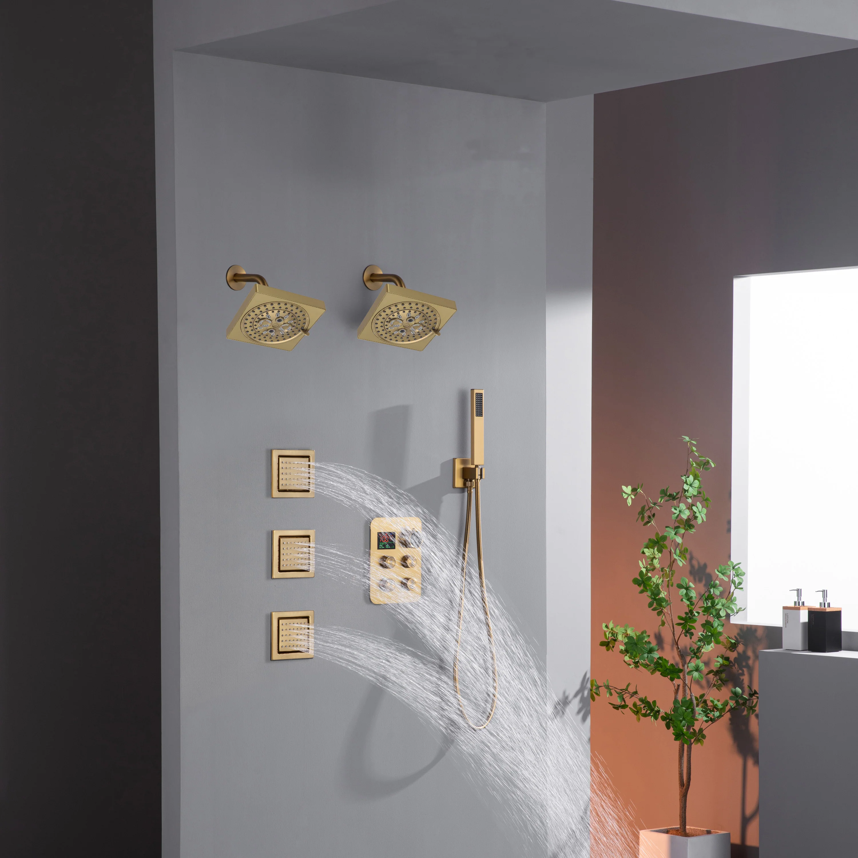 Dual Regular Heads with 4-Way Thermostatic Faucet and Handle Shower and Body Jets - Image 9