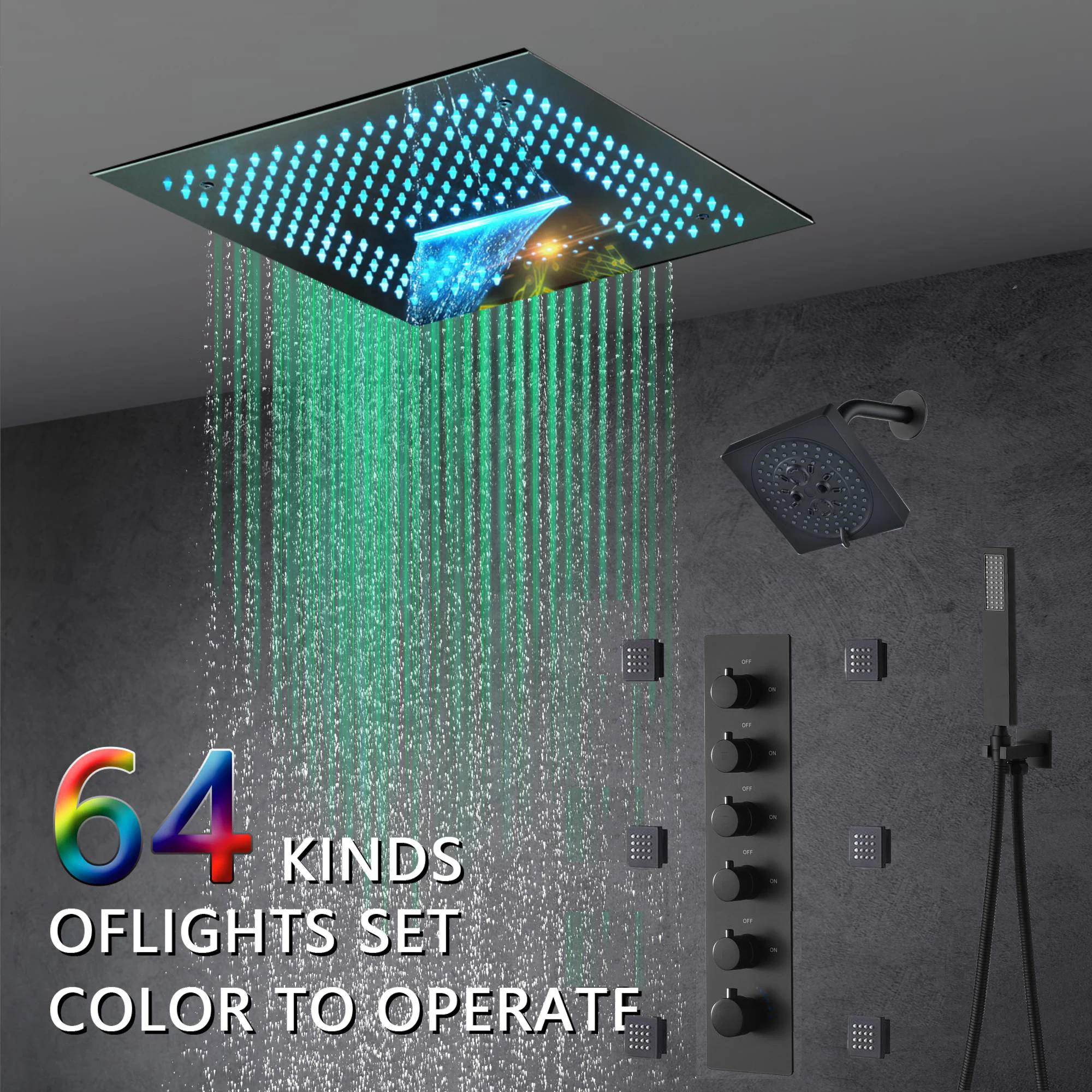 16-Inch Brushed Gold or brushed nickel or matte black Flush Mount rainfall waterfall Shower Faucet Set: 5-Way Thermostatic Control, 64-Color LED Lights, Bluetooth Music, and Regular Head, 6 Body jets - Image 2