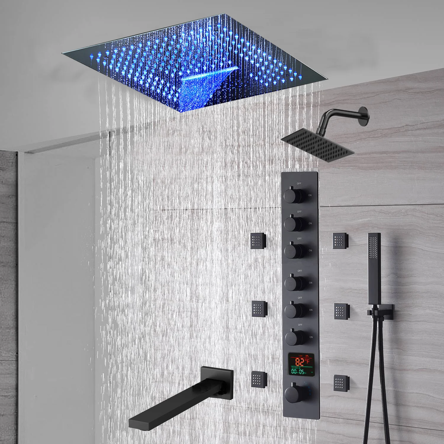16-Inch Matte Black Flush Mount Rainfall Waterfall Shower System: Complete with 6-Way Thermostatic Valve and 6 Body Jets and Regular Head and Tub Spout
