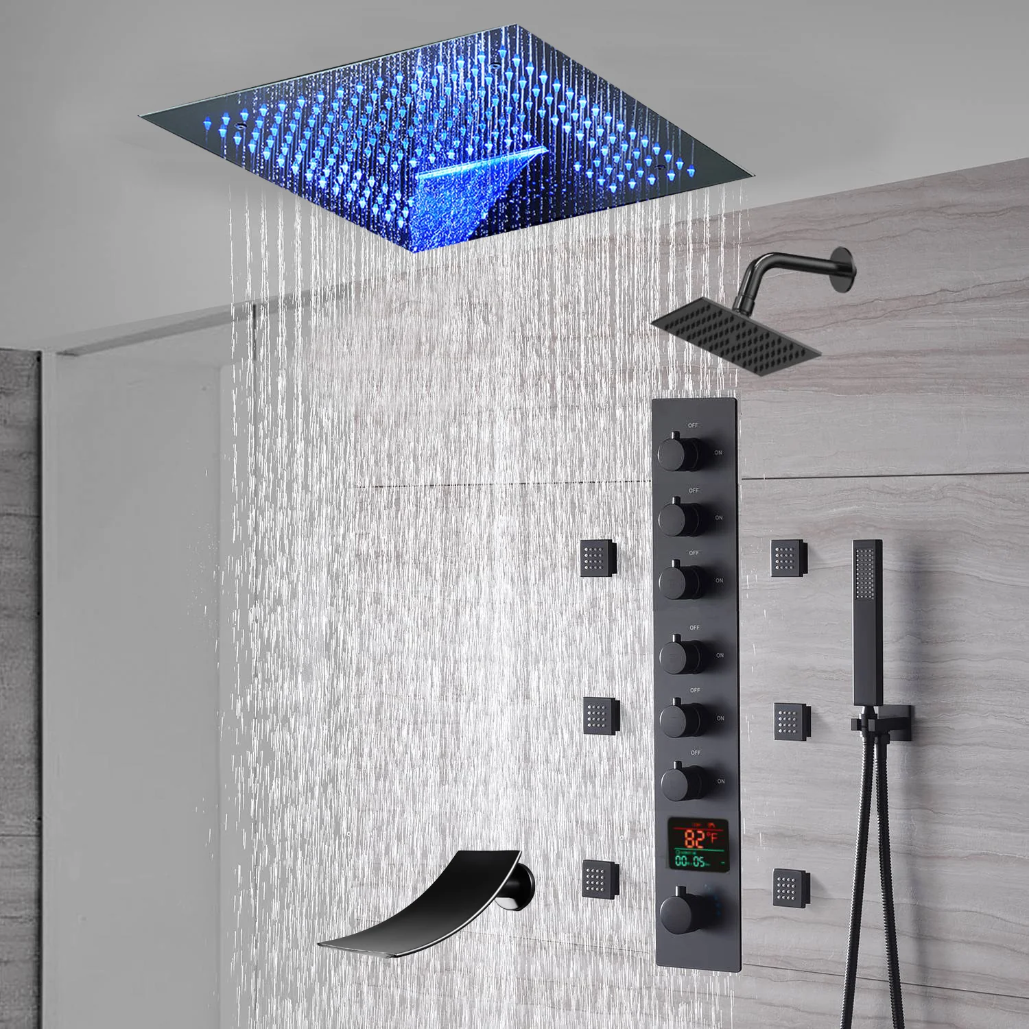 16-Inch Matte Black Flush Mount Rainfall Waterfall Shower System: Complete with 6-Way Thermostatic Valve and 6 Body Jets and Regular Head and Tub Spout - Image 3