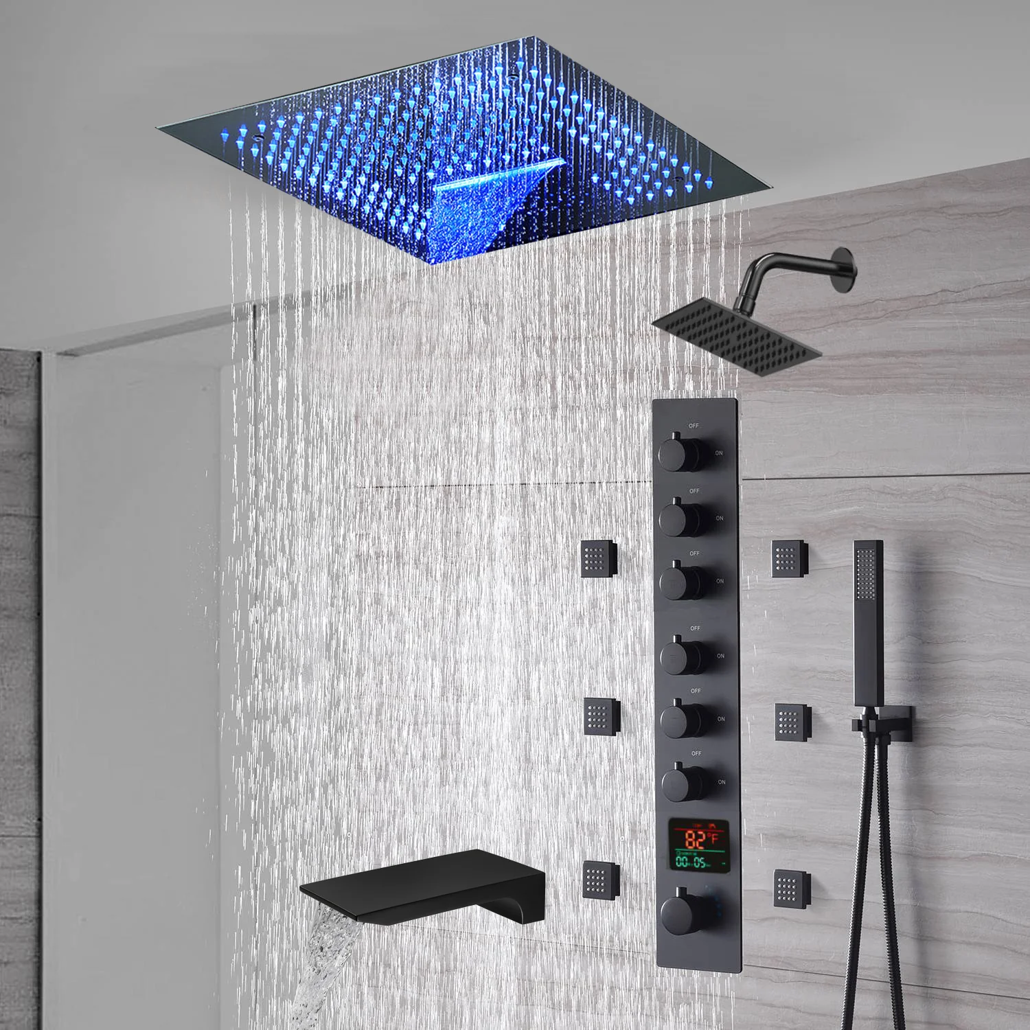 16-Inch Matte Black Flush Mount Rainfall Waterfall Shower System: Complete with 6-Way Thermostatic Valve and 6 Body Jets and Regular Head and Tub Spout - Image 5