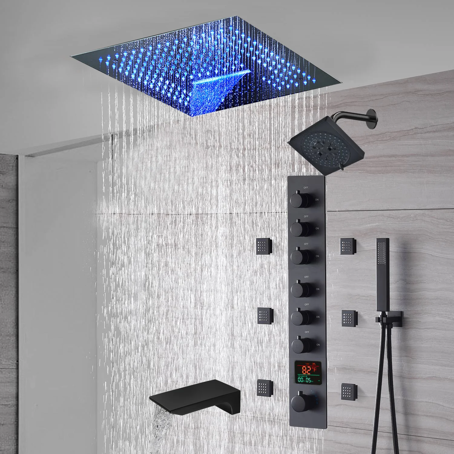 16-Inch Matte Black Flush Mount Rainfall Waterfall Shower System: Complete with 6-Way Thermostatic Valve and 6 Body Jets and Regular Head and Tub Spout - Image 6