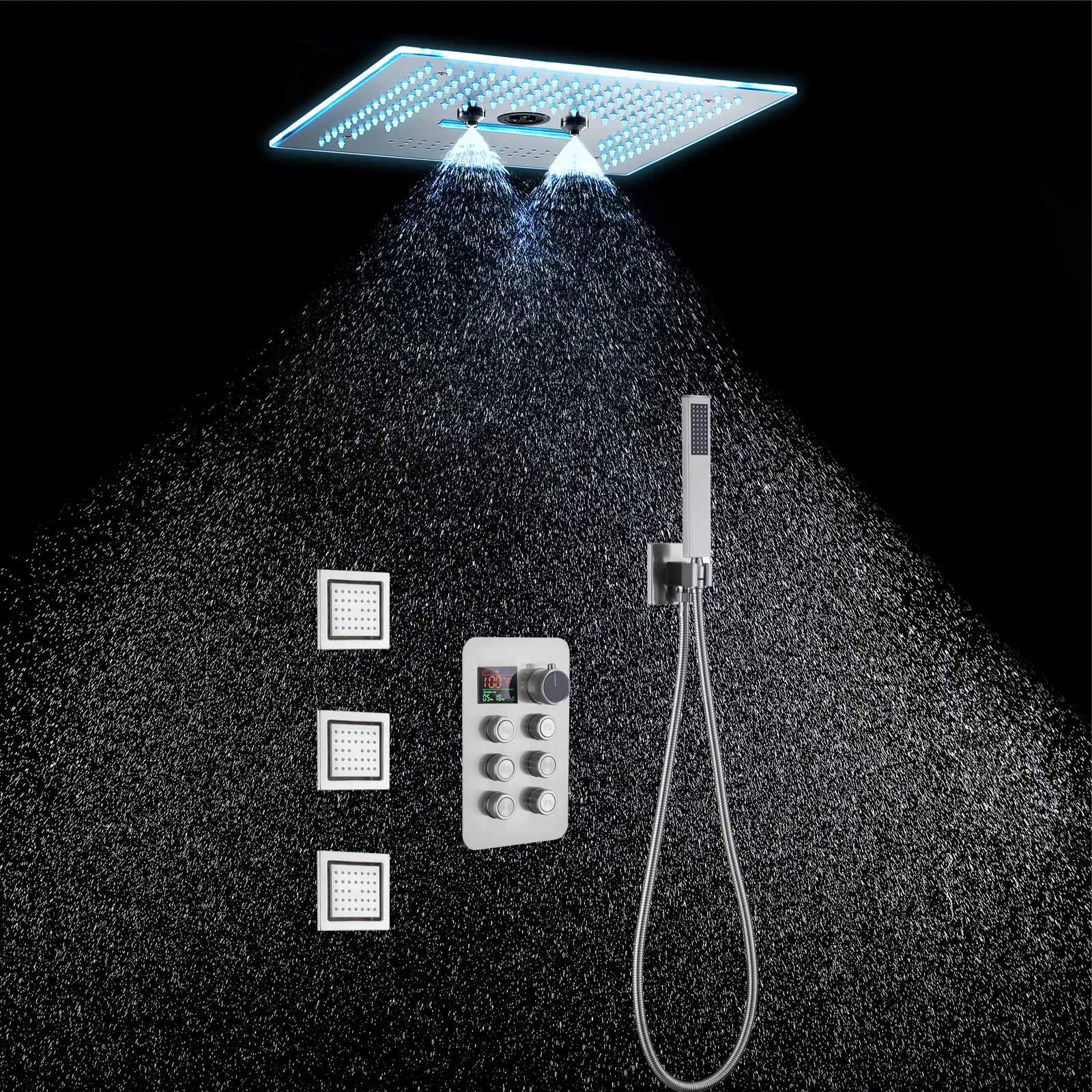 16-Inch Rainfall Waterfall Mist Water Column Flush Mount Shower Faucet Set with 6-Way Thermostatic Control, 64-Color LED, Bluetooth Music, Rainfall-Waterfall-Mist Features, Rotating Hydro Jet, and Body Jets - Image 2