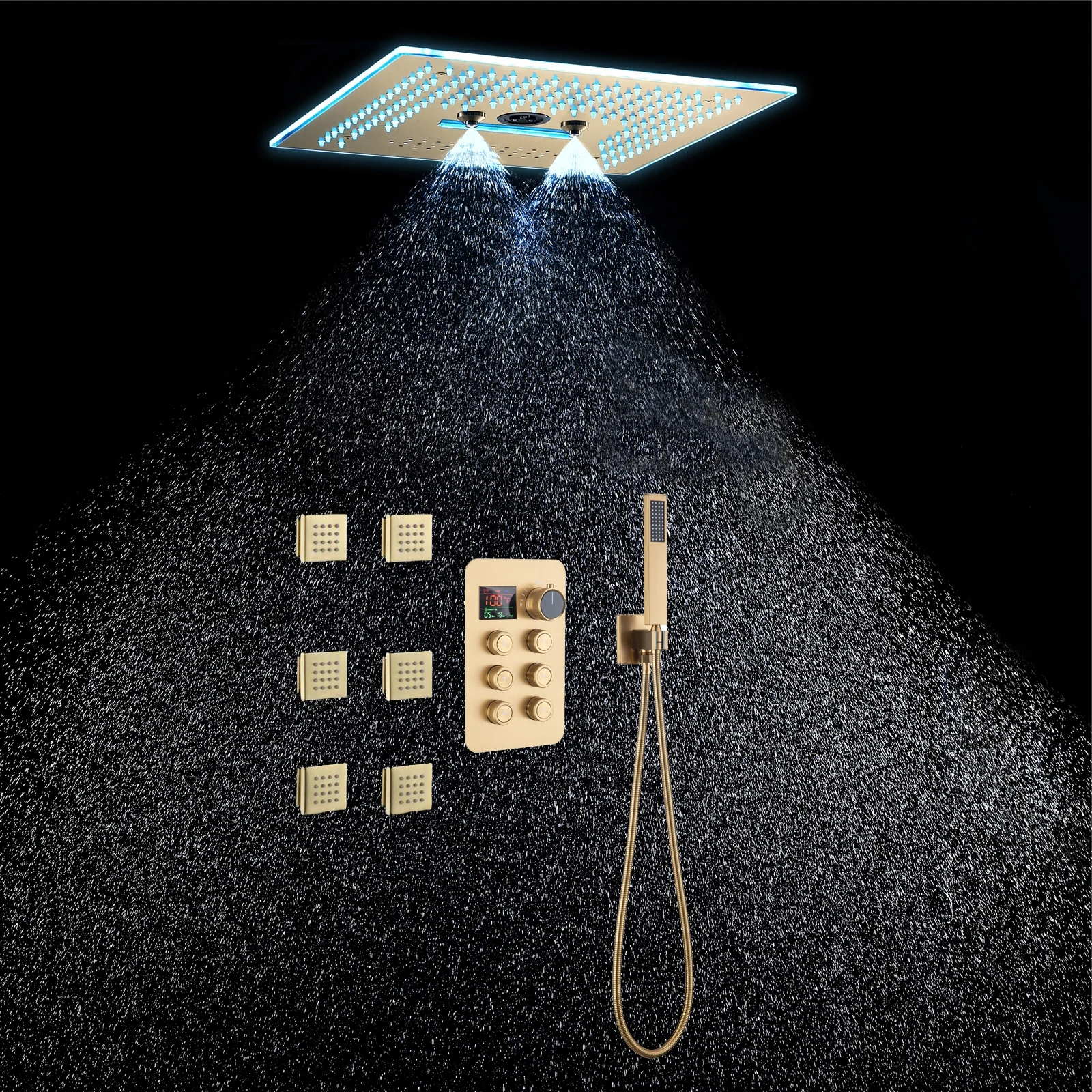 16-Inch Rainfall Waterfall Mist Water Column Flush Mount Shower Faucet Set with 6-Way Thermostatic Control, 64-Color LED, Bluetooth Music, Rainfall-Waterfall-Mist Features, Rotating Hydro Jet, and Body Jets - Image 8