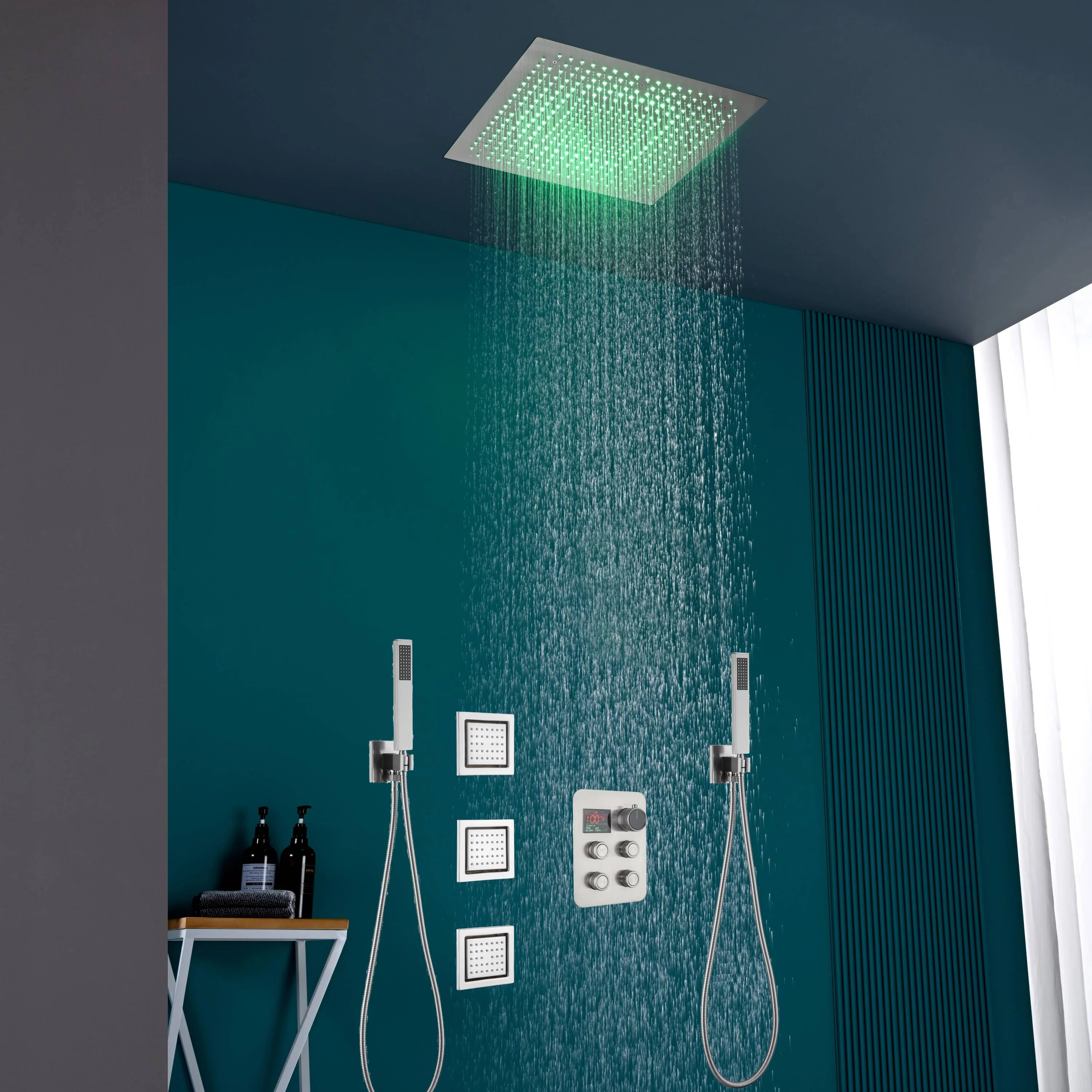 16" or 20" Flush Mount LED Rain Head Shower System with Dual Handle Wands and 3 Body Jets - Image 12