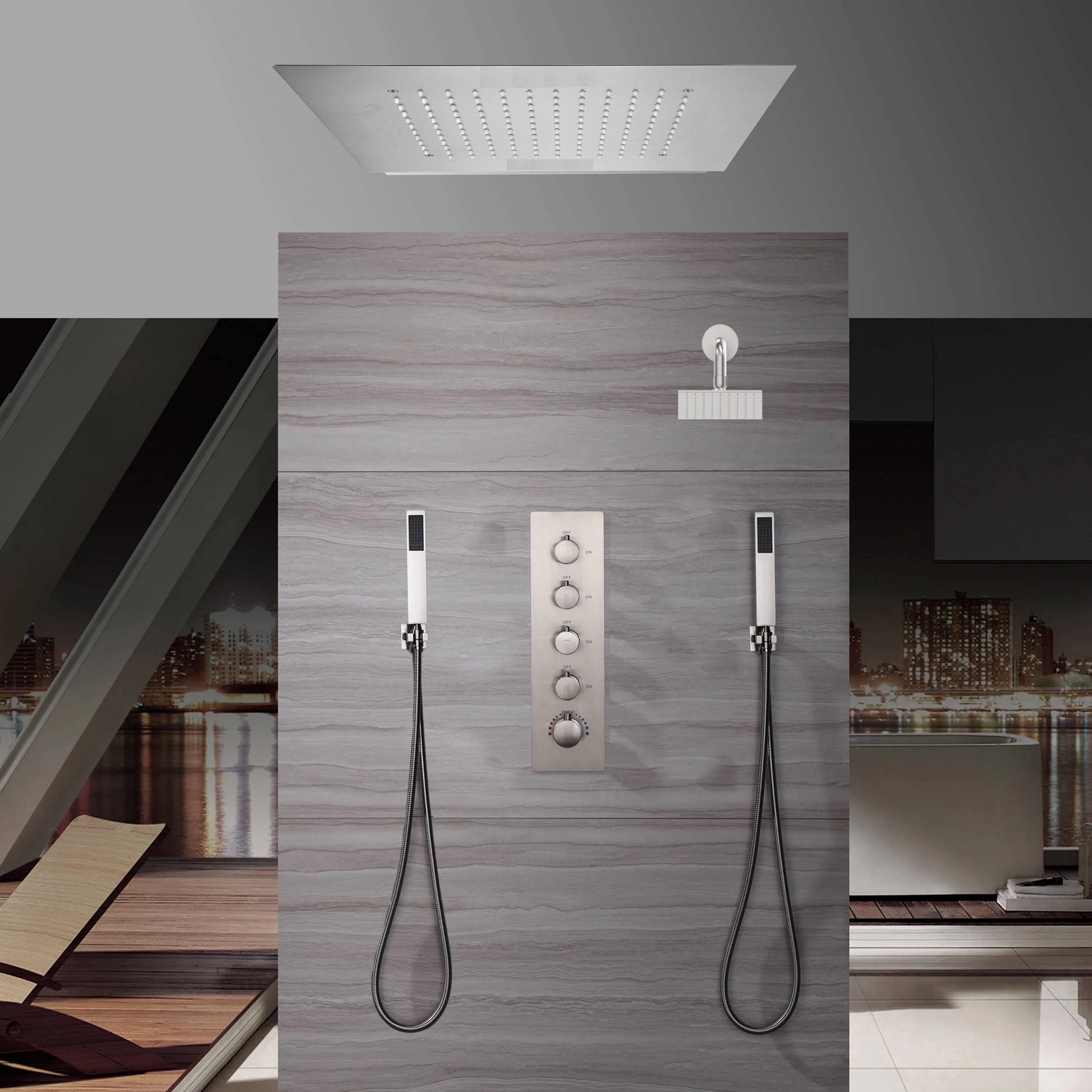 20" Brushed Nickel Rainfall Shower System: Ceiling/Flush-Mounted, Thermostatic Shower Faucet, 6" Regular Head - Image 3