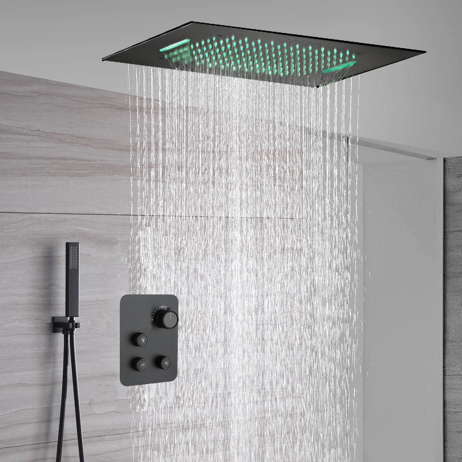 waterfall rainfall 20'' or 24 '' Flushed on ceiling matte Black 3 way thermostatic shower faucets - Image 4