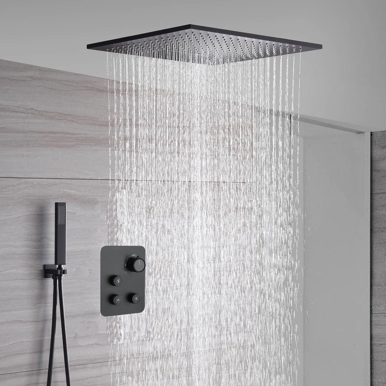 waterfall rainfall 20'' or 24 '' Flushed on ceiling matte Black 3 way thermostatic shower faucets - Image 6