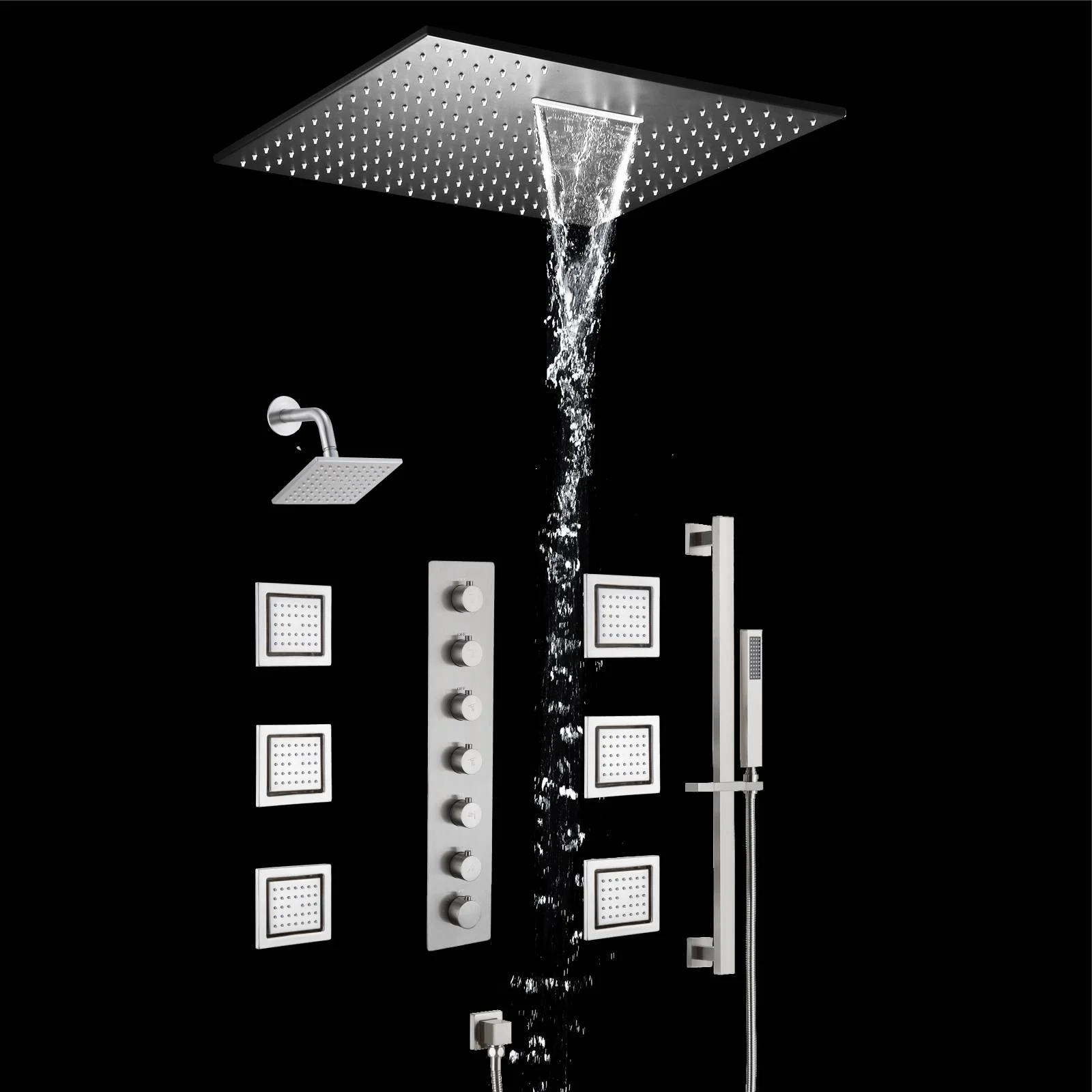 20 inch  flush-mount or ceiling mount rainfall waterfall shower systems 6 way thermostatic valve with 6 body jets and sliding bar and  regular head - Image 4