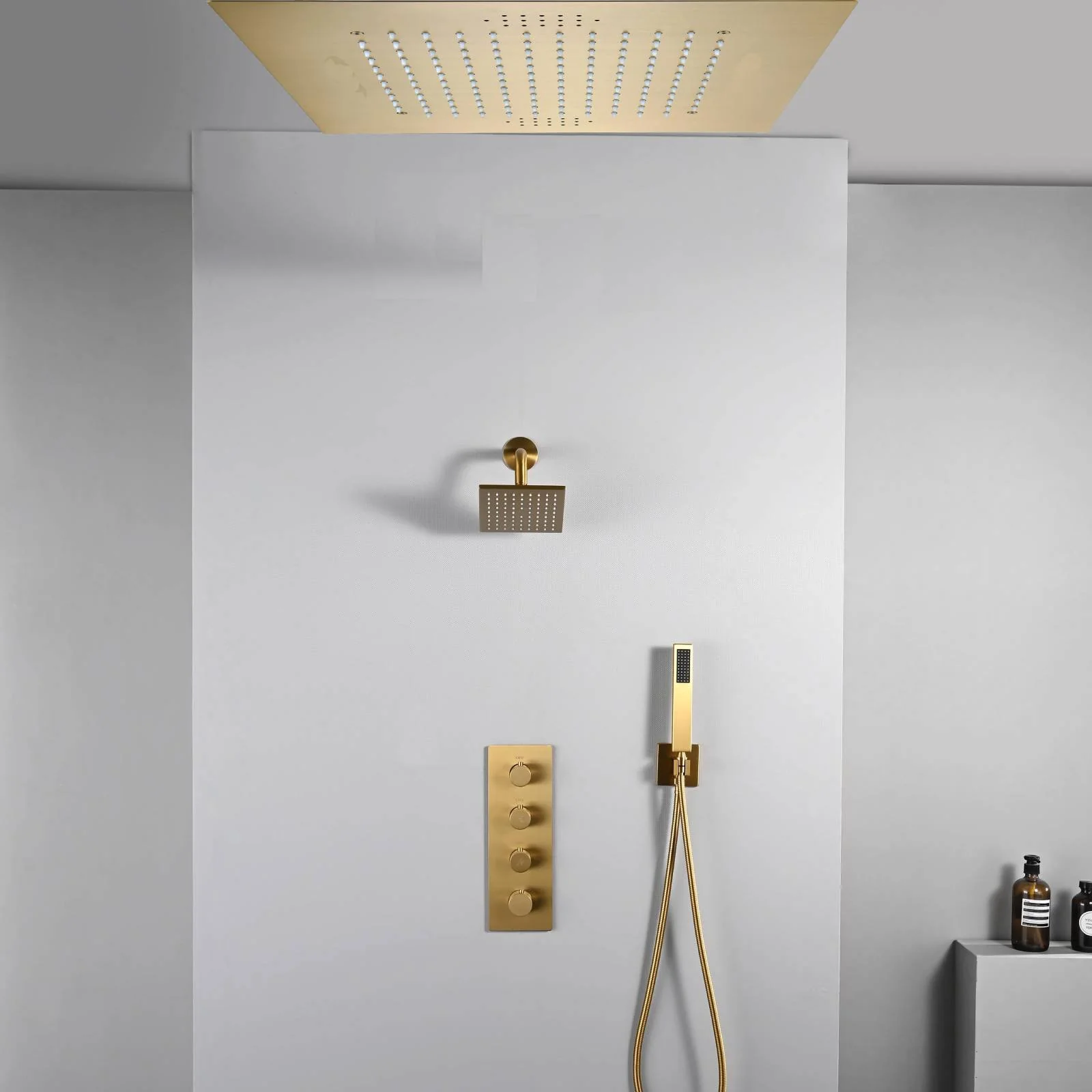 20 inch ceiling or flush mount Brushed gold 3 way thermostatic shower faucet with high pressure 6 '' head  and handle sprayer - Image 10