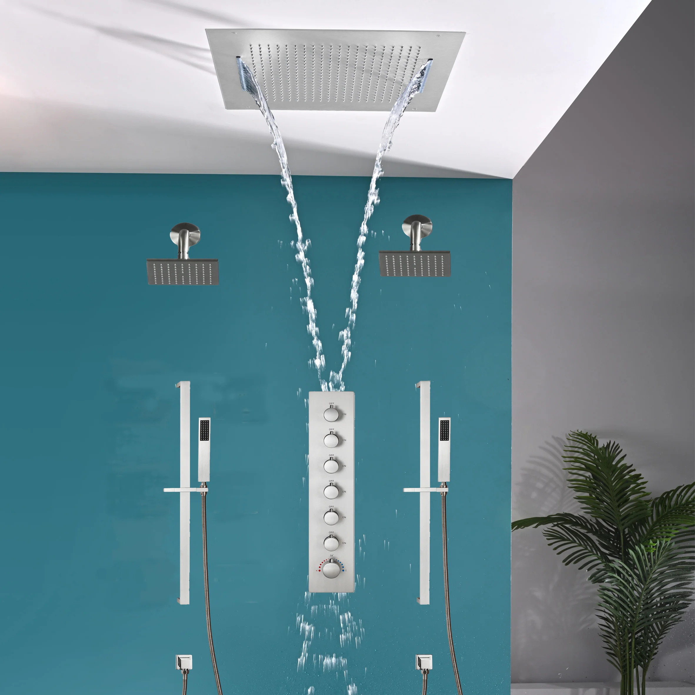20 inch flush-mount or ceiling mount rainfall waterfall shower systems 6 way thermostatic valve with Dual sliding bars and Dual regular heads