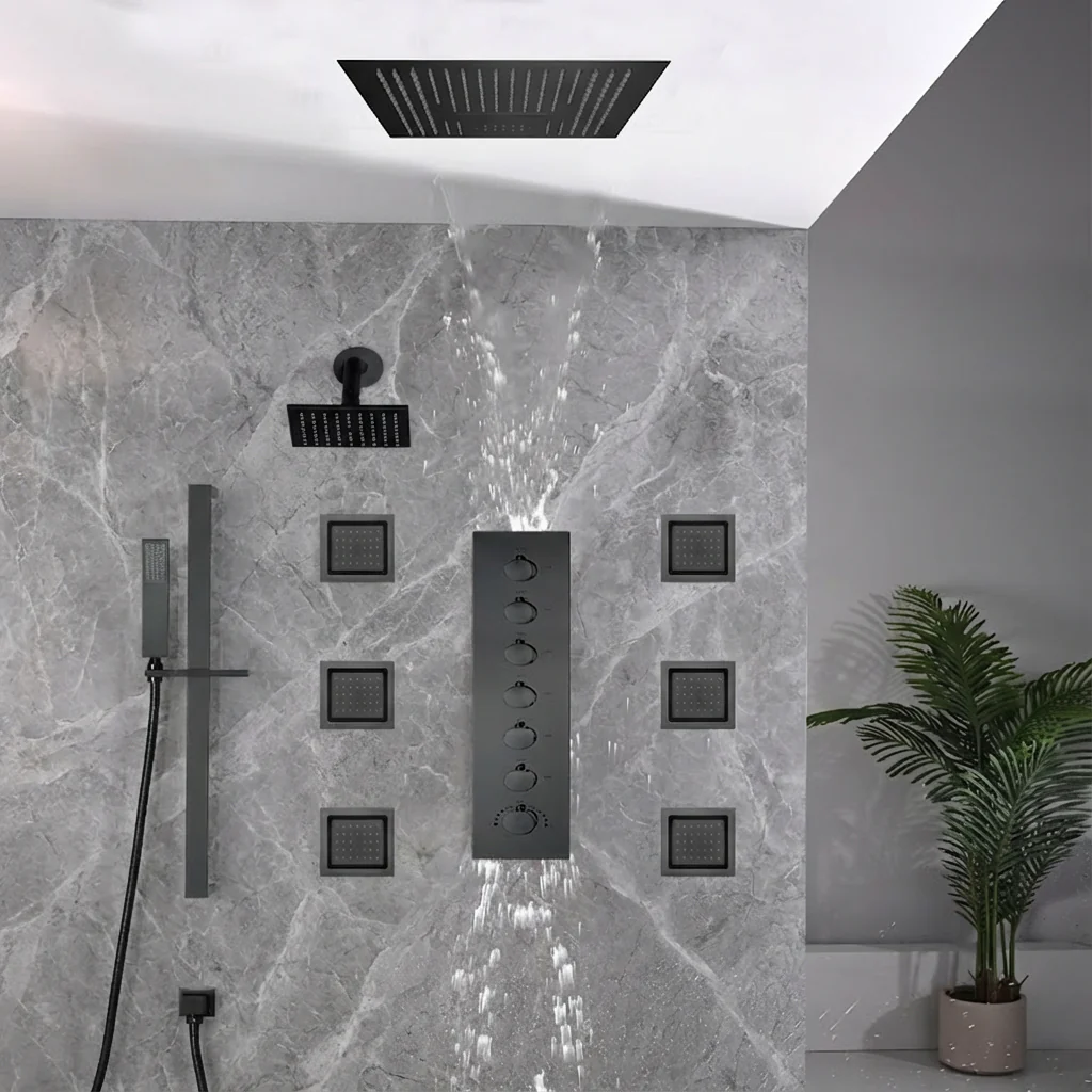 16 inch flush-mount or ceiling mount rainfall waterfall shower systems 6 way thermostatic valve with 6 body jets and sliding bar and regular head - Image 21