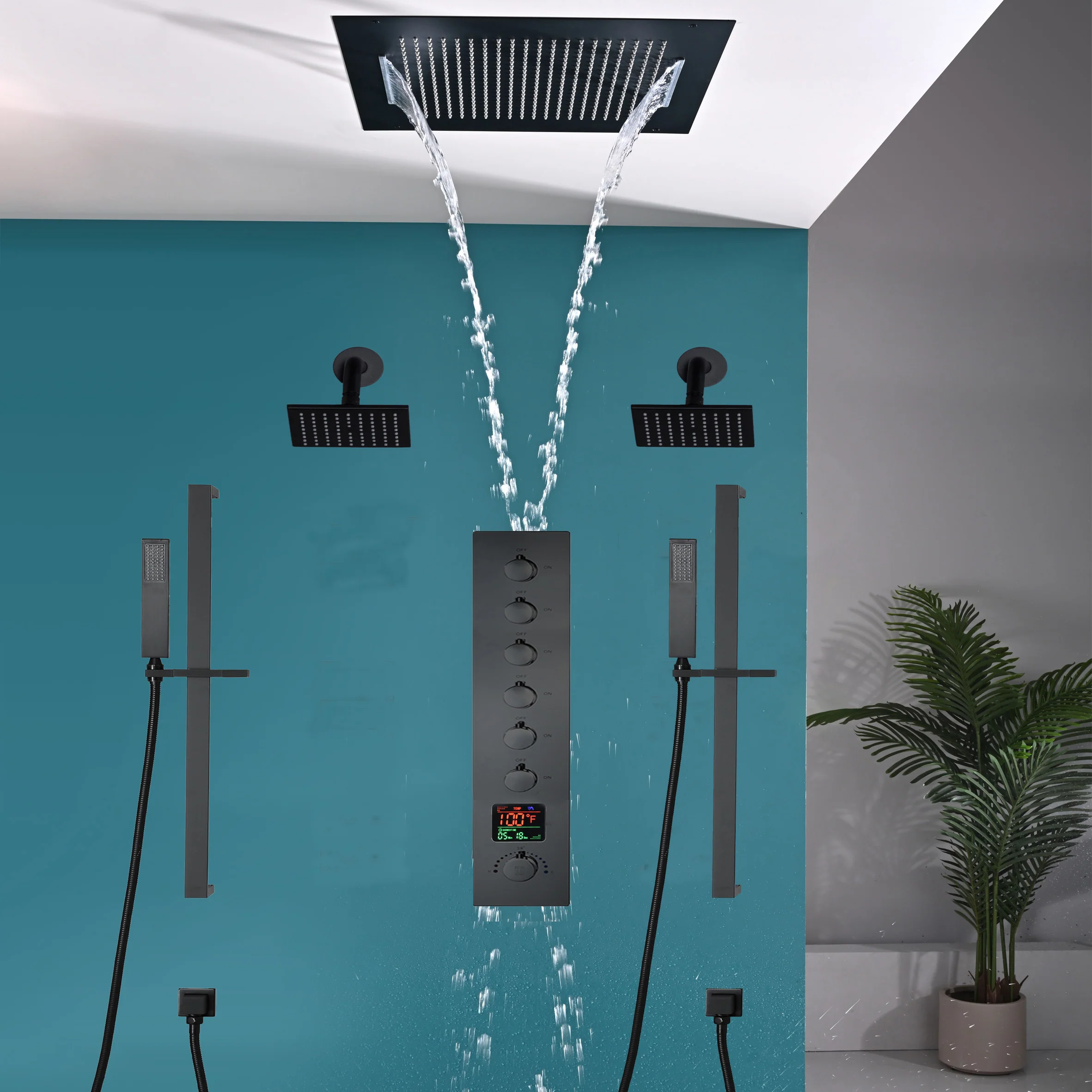 20 inch flush-mount or ceiling mount rainfall waterfall shower systems 6 way thermostatic valve with Dual sliding bars and Dual regular heads - Image 25