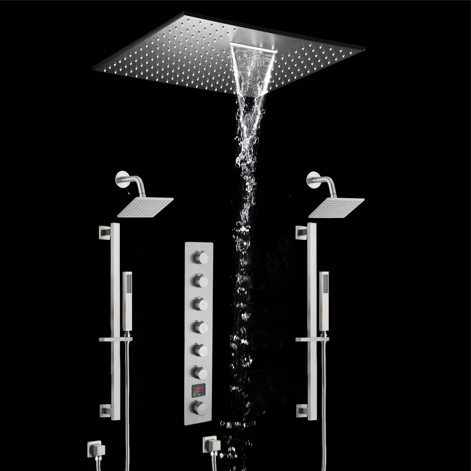 20 inch flush-mount or ceiling mount rainfall waterfall shower systems 6 way thermostatic valve with Dual sliding bars and Dual regular heads - Image 4