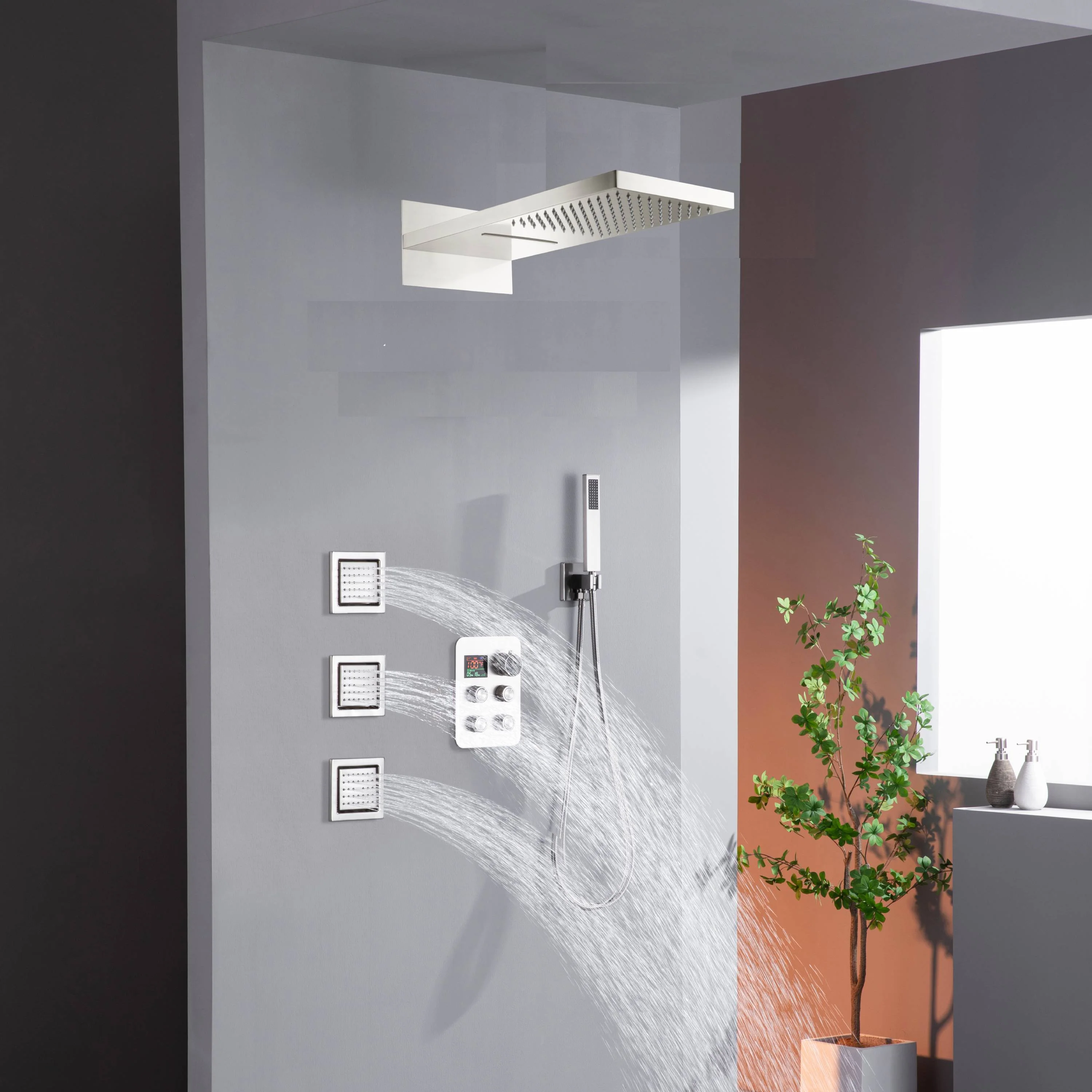 Wall Mount 22-Inch Rainfall Waterfall Shower Head with 4-Way Digital Display and Body Jets