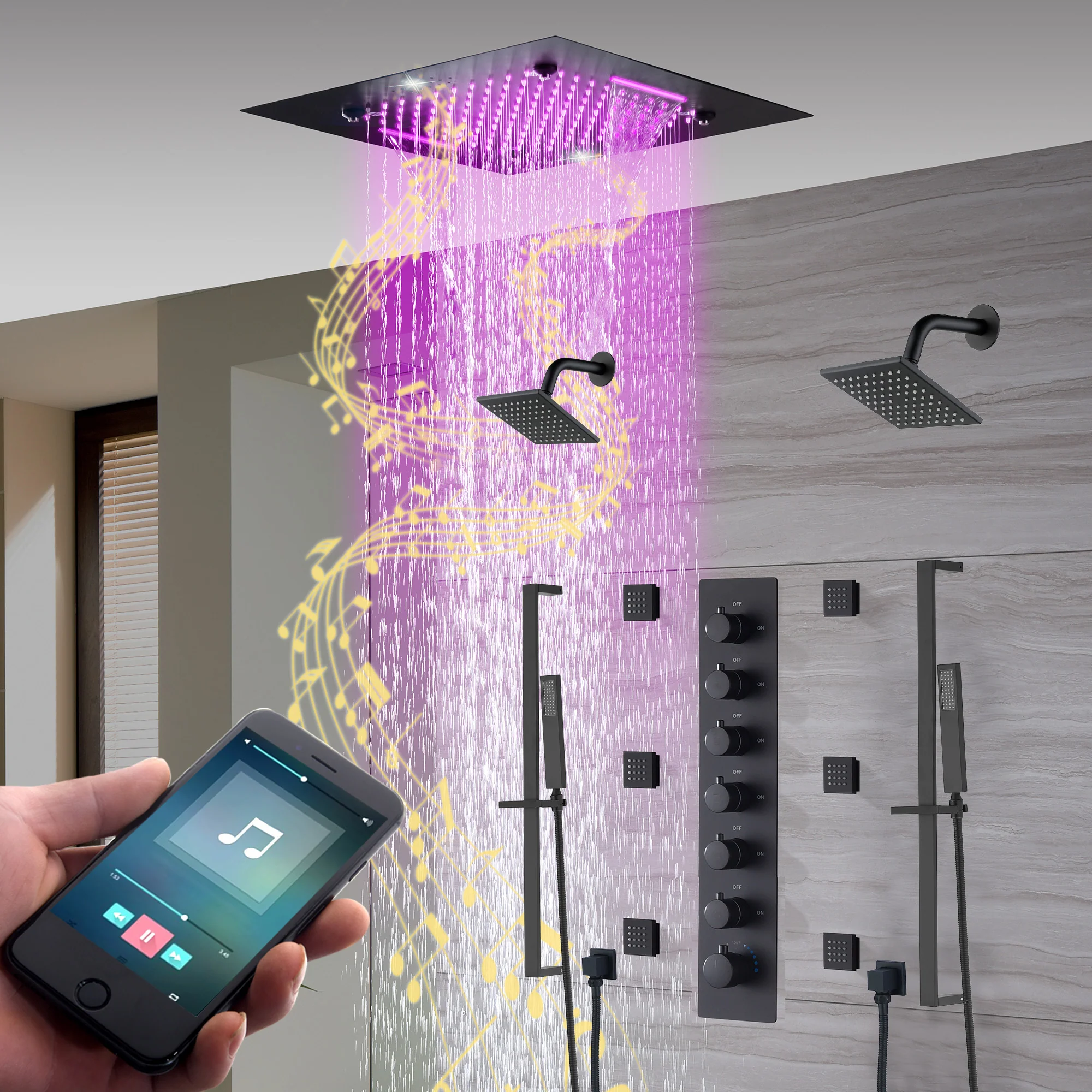20-Inch Matte Black Or Brushed Gold or brushed nickel Rainfall, Waterfall, and Mist Shower System with LED Colors, Bluetooth Music, 6-Way Thermostatic Valve, 6 Body Jets, and Touch Panel