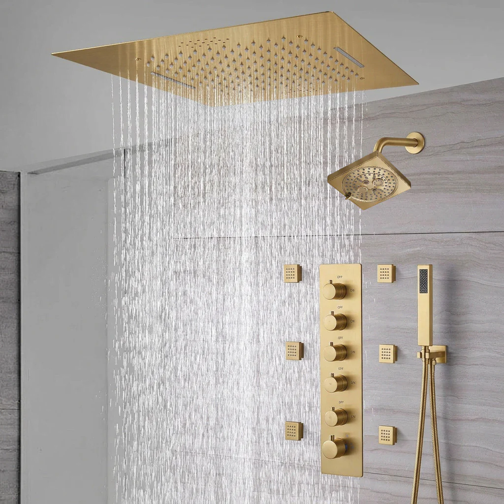 20-Inch Brushed Gold Flush  Mount Rainfall Waterfall Shower System: Complete with 5-Way Thermostatic Valve and 6 Body Jets and Regular Head - Image 2
