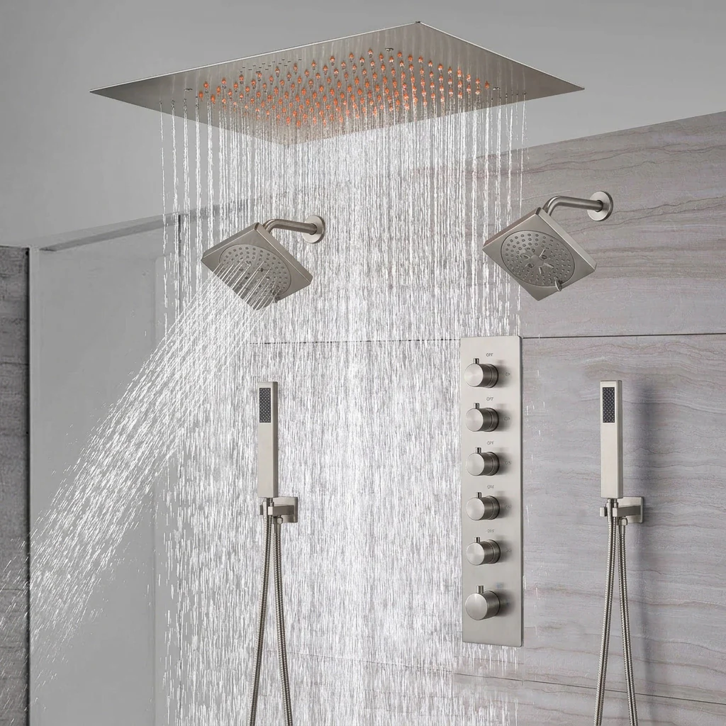 20-Inch Flush Mount Rainfall Shower System: Complete with 5-Way Thermostatic Valve and Dual Regular Heads - Image 6