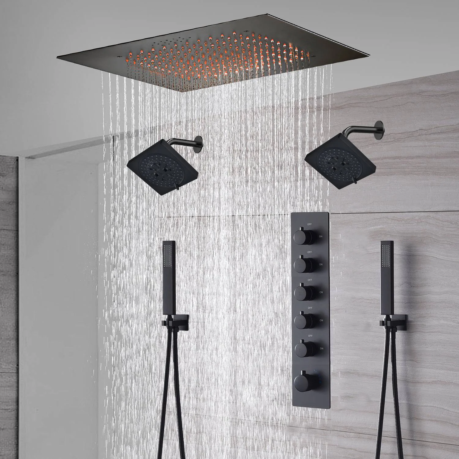 20-Inch or 24-Inch Matte Black Flush Mount Rainfall Shower System: Complete with 5-Way Thermostatic Valve and Dual Regular Heads
