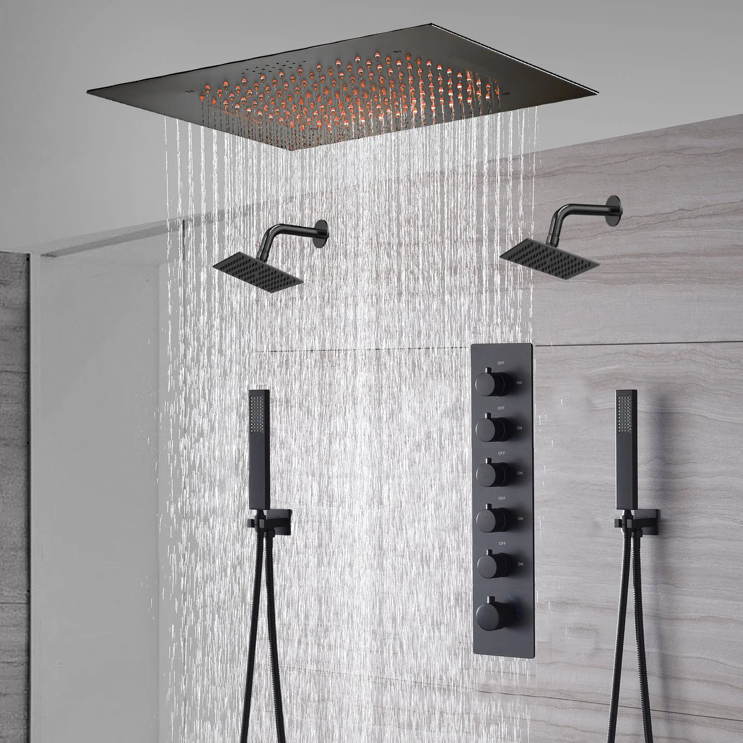 20-Inch or 24-Inch Matte Black Flush Mount Rainfall Shower System: Complete with 5-Way Thermostatic Valve and Dual Regular Heads - Image 2