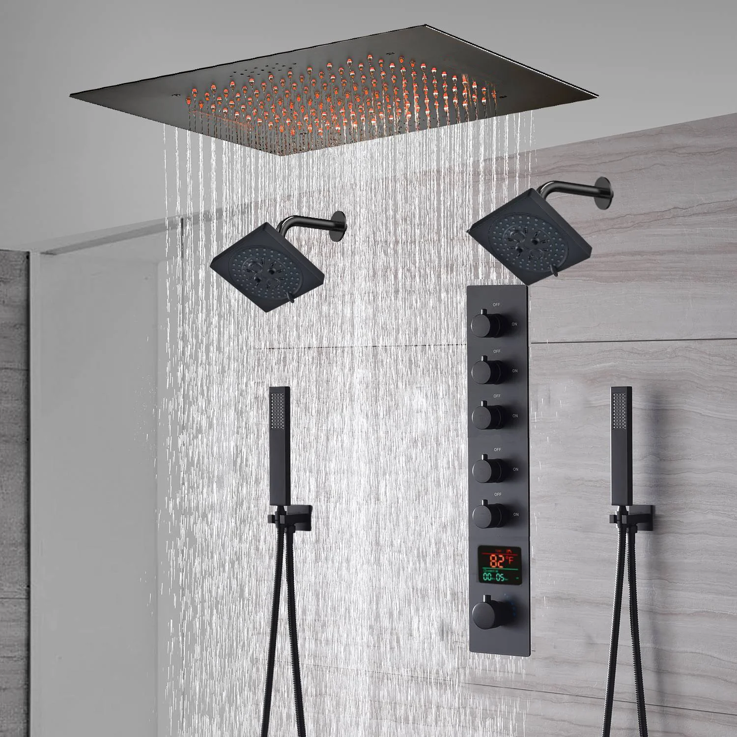 20-Inch or 24-Inch Matte Black Flush Mount Rainfall Shower System: Complete with 5-Way Thermostatic Valve and Dual Regular Heads - Image 3