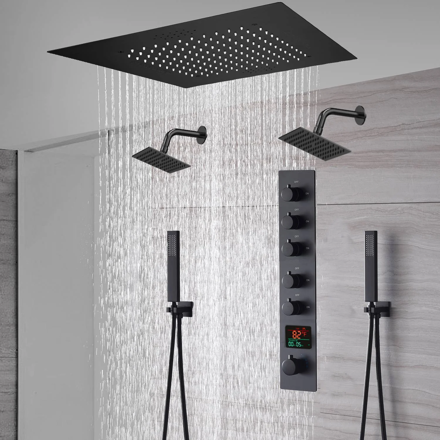20-Inch or 24-Inch Matte Black Flush Mount Rainfall Shower System: Complete with 5-Way Thermostatic Valve and Dual Regular Heads - Image 4