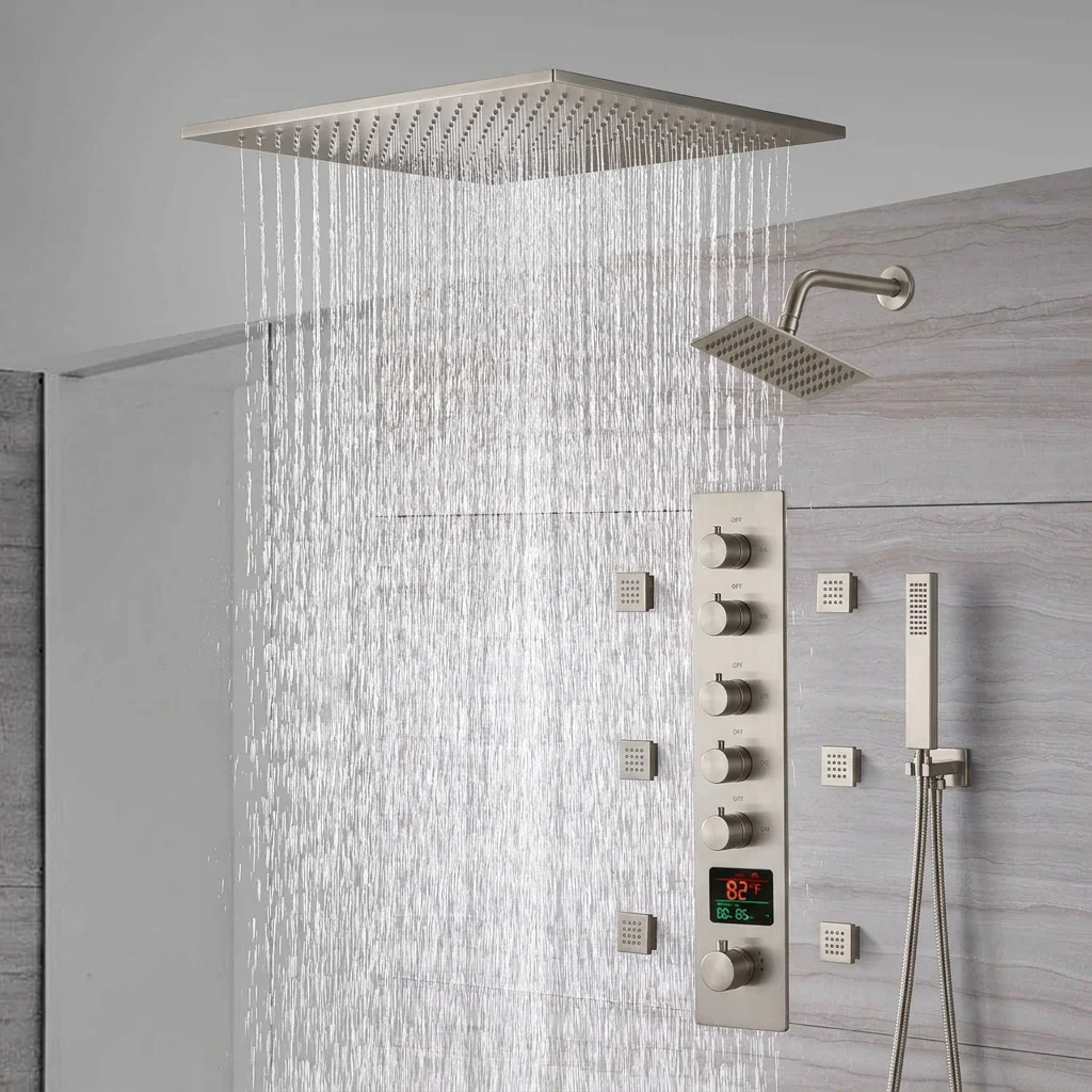 20-Inch  Ceiling Mount Rainfall Waterfall Shower System: Complete with 5-Way Thermostatic Valve and 6 Body Jets and Regular Head - Image 11