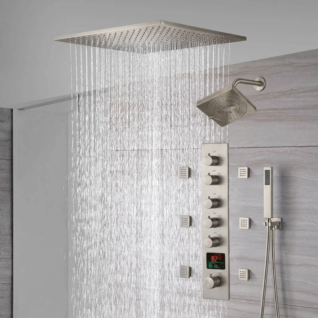 20-Inch  Ceiling Mount Rainfall Waterfall Shower System: Complete with 5-Way Thermostatic Valve and 6 Body Jets and Regular Head - Image 12