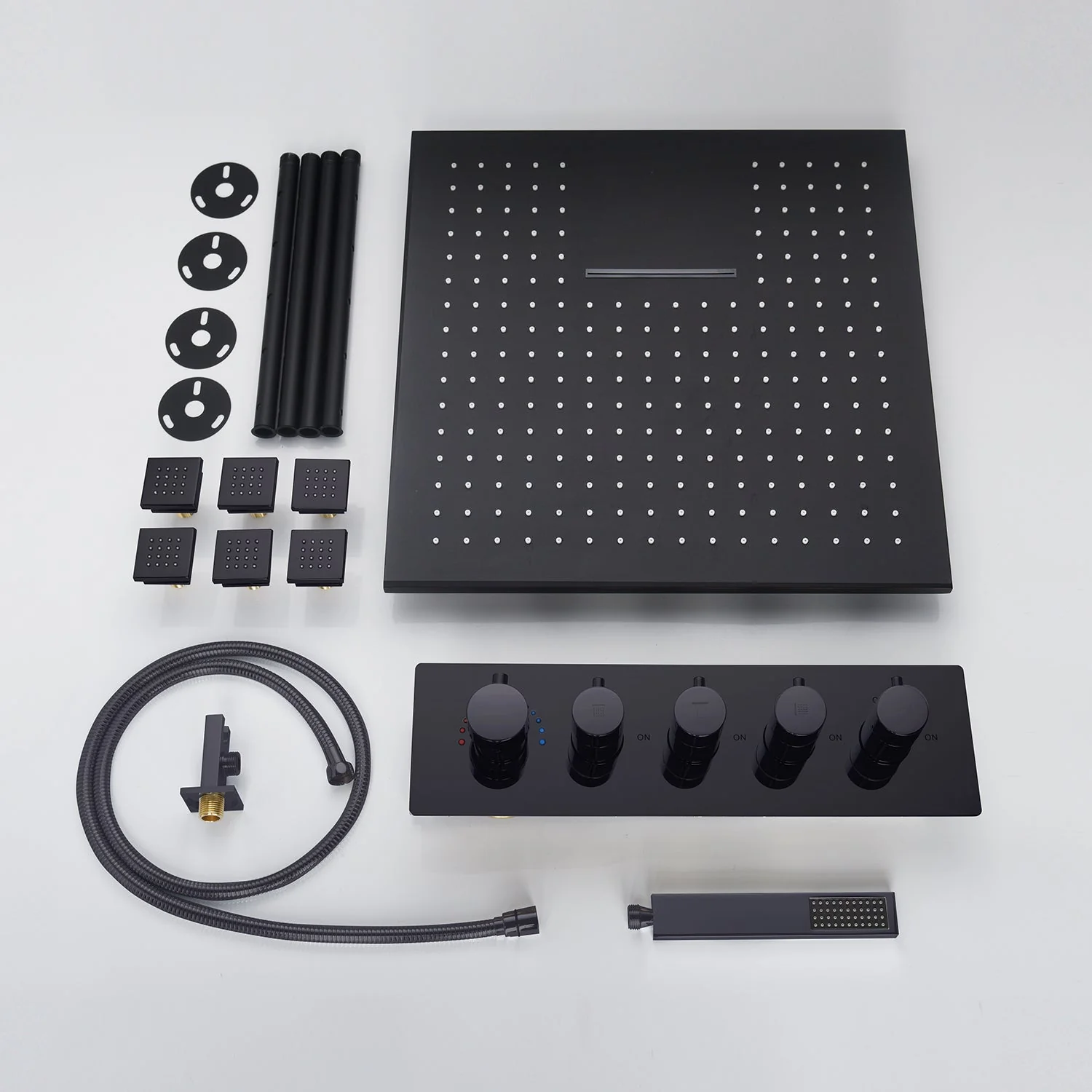 20-Inch or 24-Inch Matte Black Flush or Ceiling Mount Rainfall Waterfall Shower System: Complete with 6-Way Thermostatic Valve and Dual Regular Head - Image 15