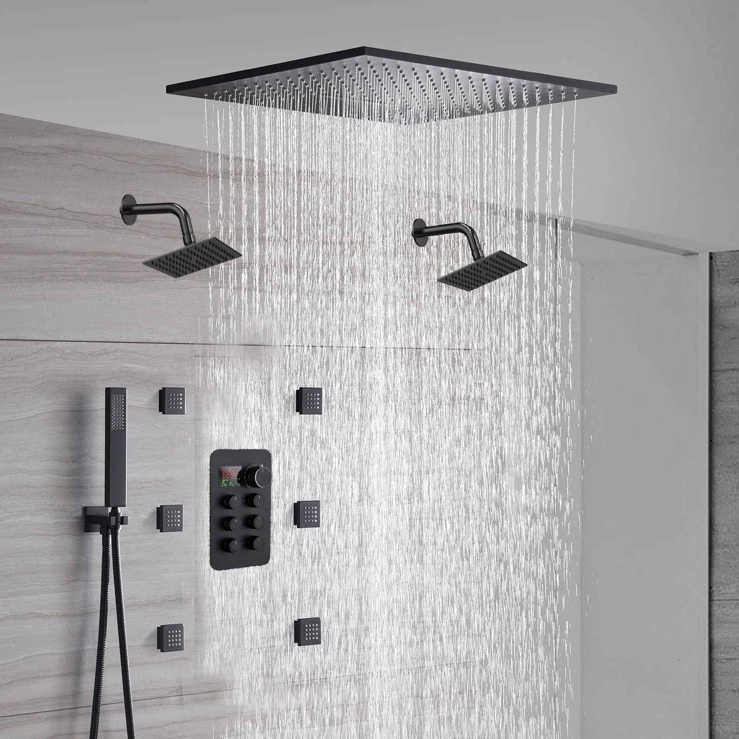20-Inch Matte Black Flush or Ceiling Mount Rainfall Waterfall Shower System: Complete with 6-Way Thermostatic Valve and 6 Body Jets and Dual Regular Head
