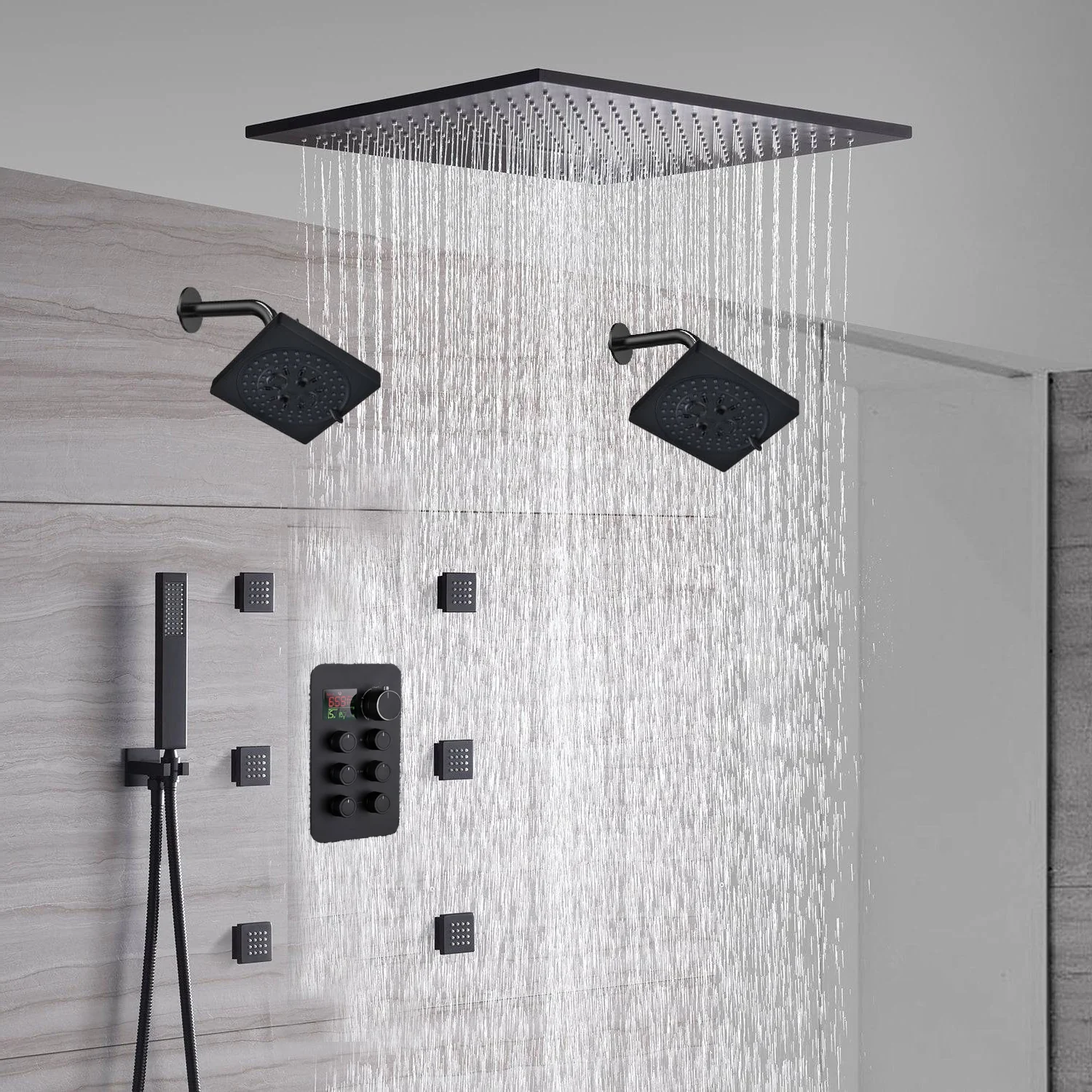20-Inch Matte Black Flush or Ceiling Mount Rainfall Waterfall Shower System: Complete with 6-Way Thermostatic Valve and 6 Body Jets and Dual Regular Head - Image 2