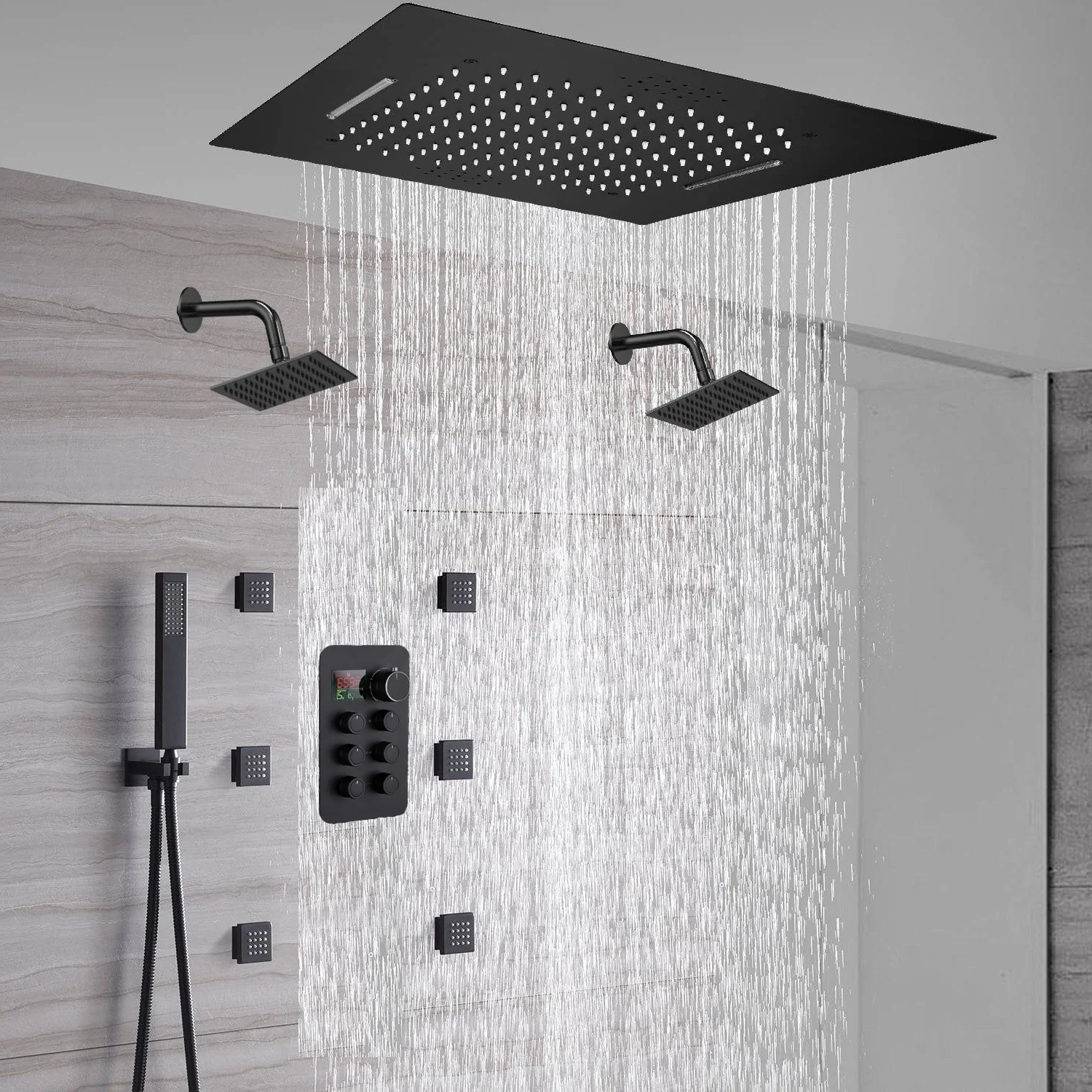 20-Inch Matte Black Flush or Ceiling Mount Rainfall Waterfall Shower System: Complete with 6-Way Thermostatic Valve and 6 Body Jets and Dual Regular Head - Image 3