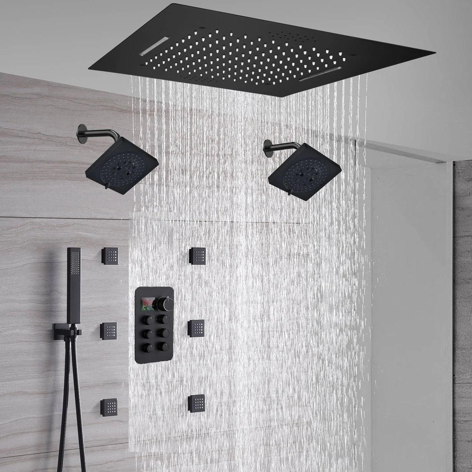 20-Inch Matte Black Flush or Ceiling Mount Rainfall Waterfall Shower System: Complete with 6-Way Thermostatic Valve and 6 Body Jets and Dual Regular Head - Image 4