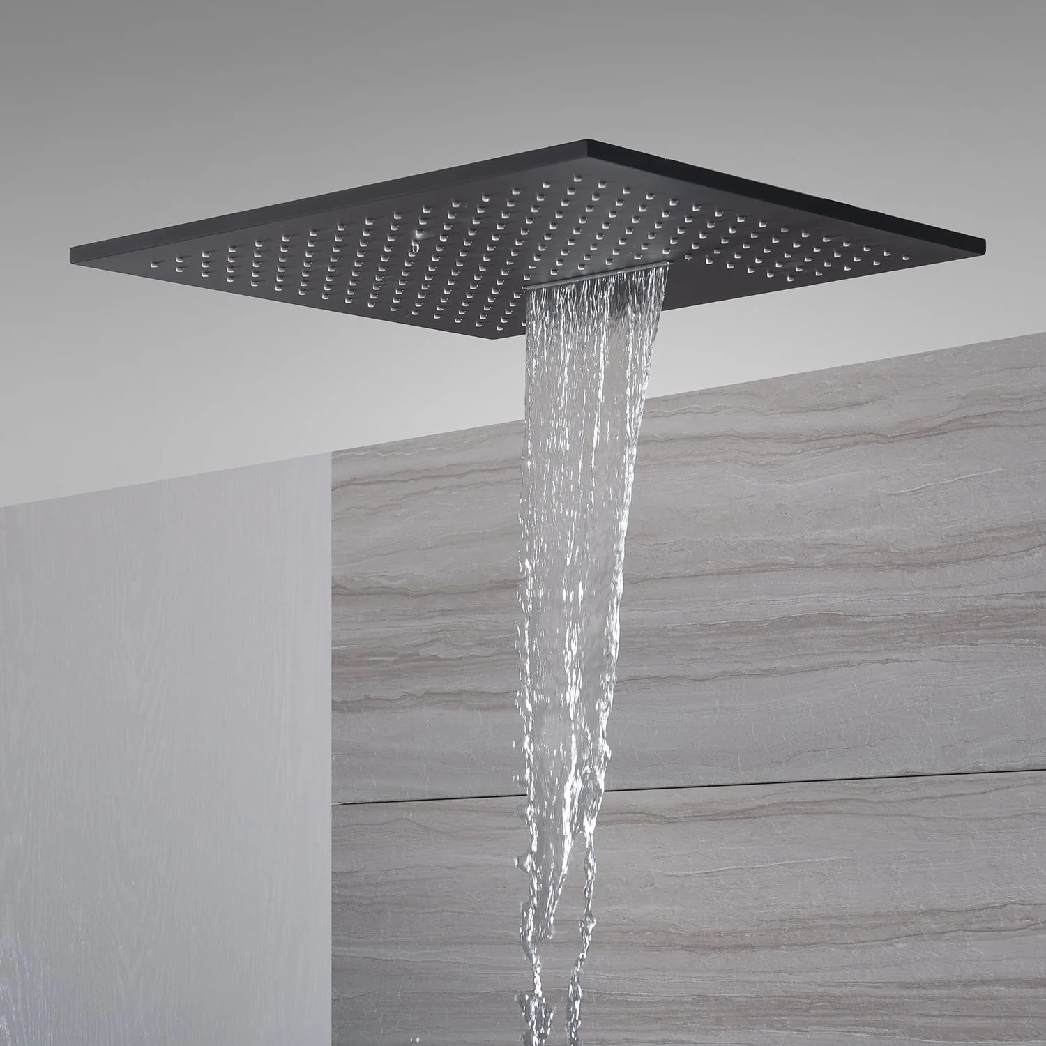 20-Inch Matte Black Flush or Ceiling Mount Rainfall Waterfall Shower System: Complete with 6-Way Thermostatic Valve and 6 Body Jets and Dual Regular Head - Image 5