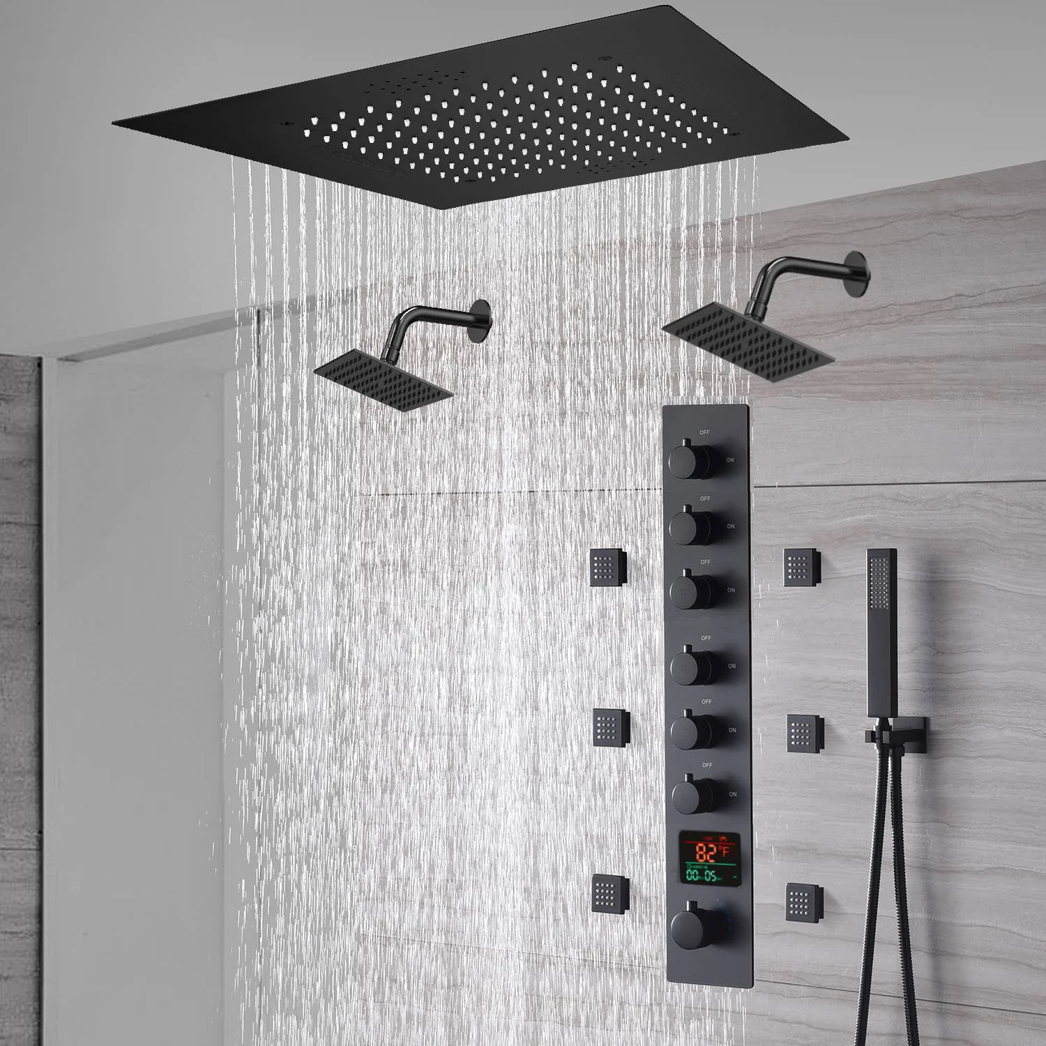 20-Inch or 24-Inch Matte Black Flush Mount Rainfall Shower System: Complete with 6-Way Thermostatic Valve and 6 Body Jets and Dual Regular Heads - Image 3