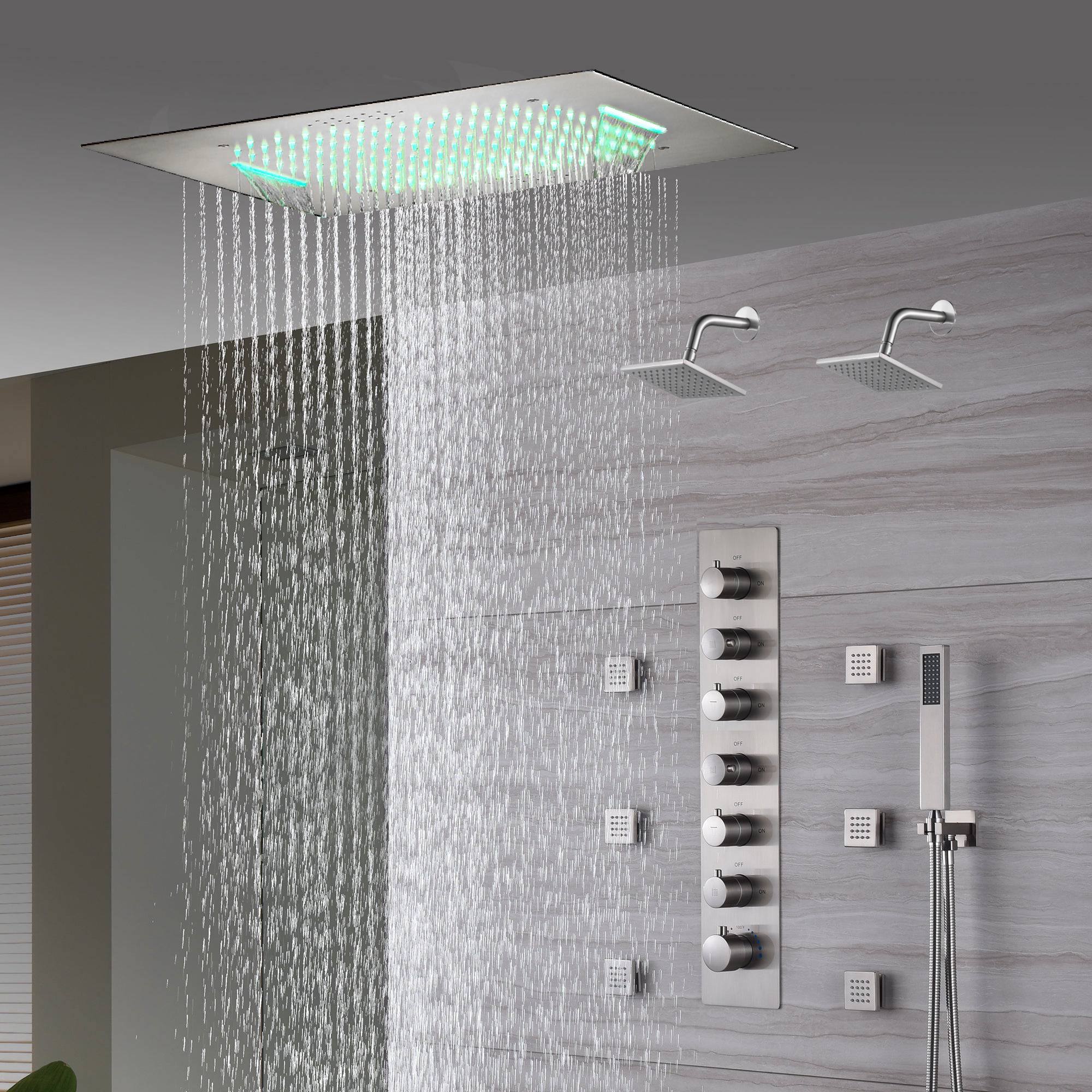20" Brushed Nickel Rainfall Shower System: 6-Way Thermostatic Valve, Dual Heads, 6 Body Jets