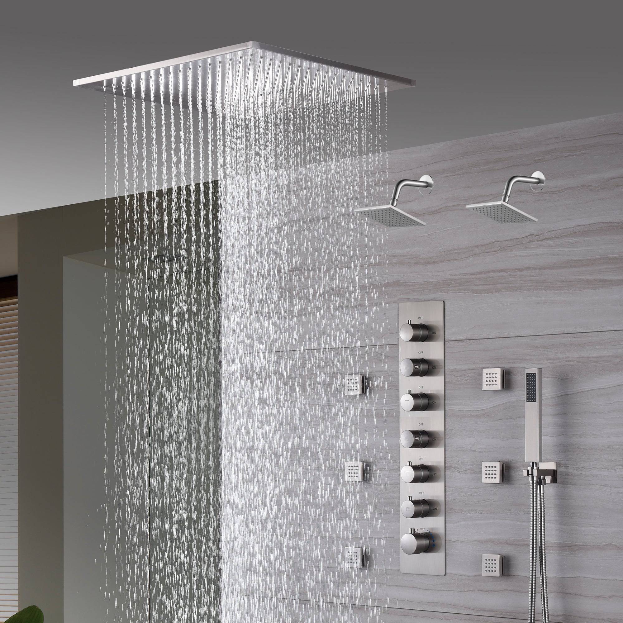 20" Brushed Nickel Rainfall Shower System: 6-Way Thermostatic Valve, Dual Heads, 6 Body Jets - Image 5