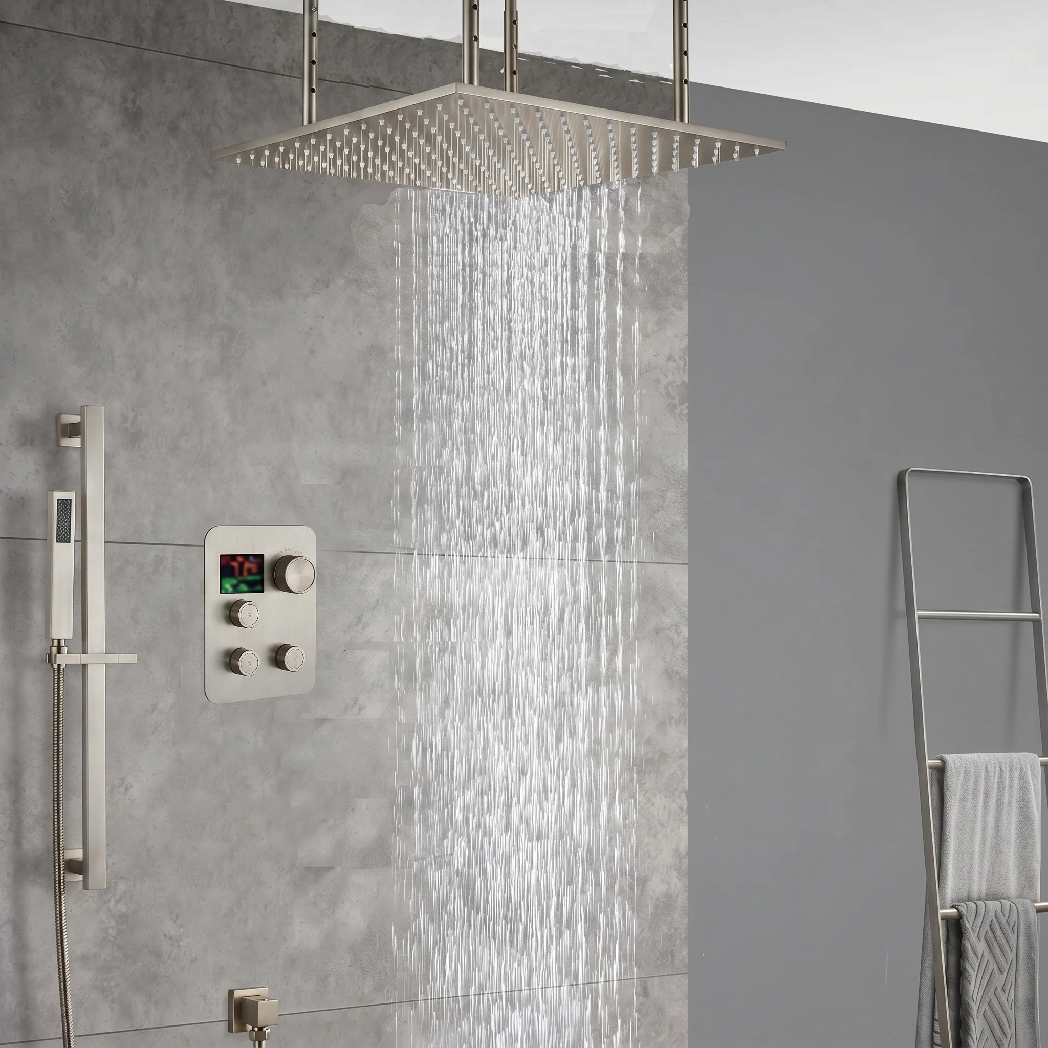 20inch matte black ceiling mount rainfall waterfall shower systems 3 way digital thermostatic valve - Image 11