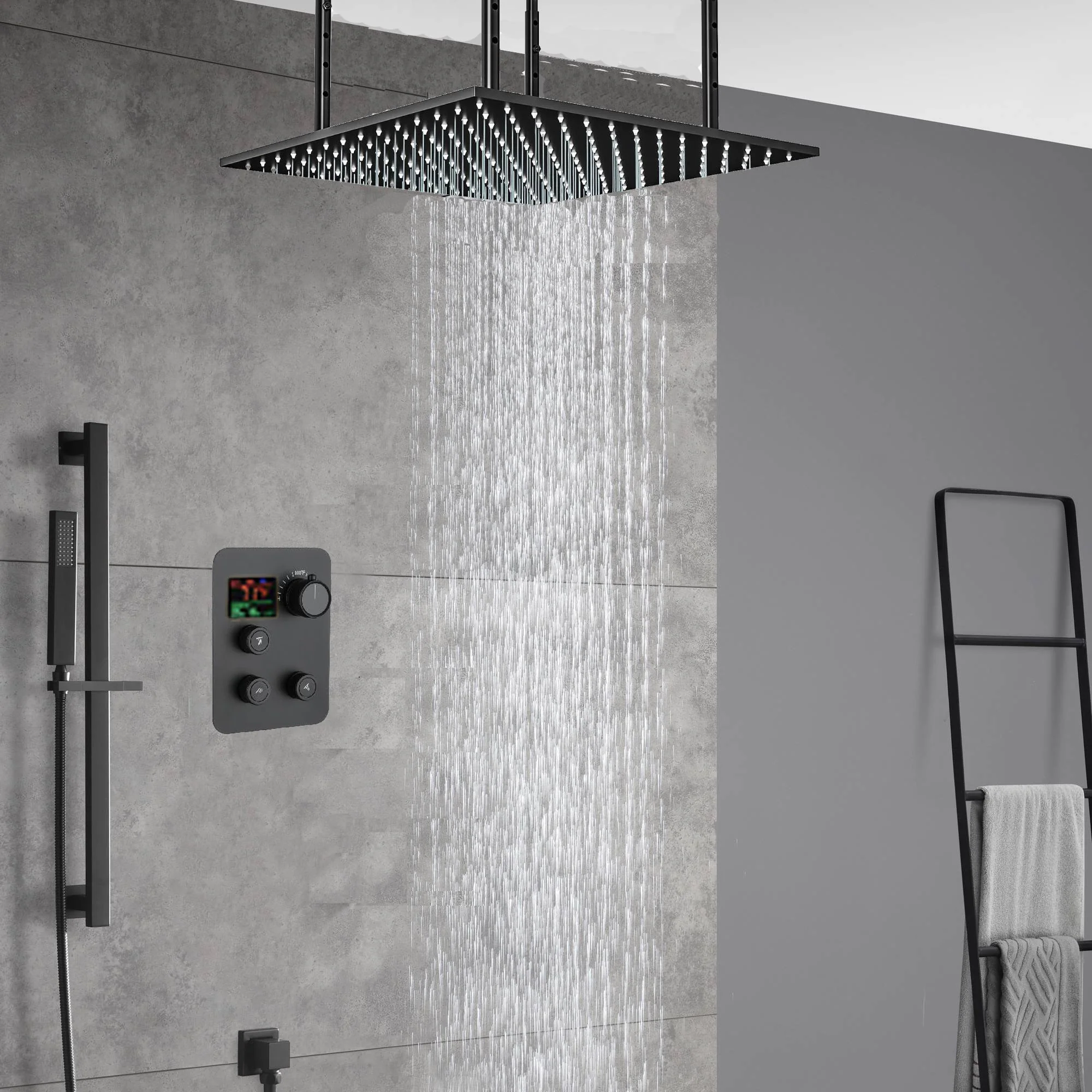 20inch matte black ceiling mount rainfall waterfall shower systems 3 way digital thermostatic valve - Image 3