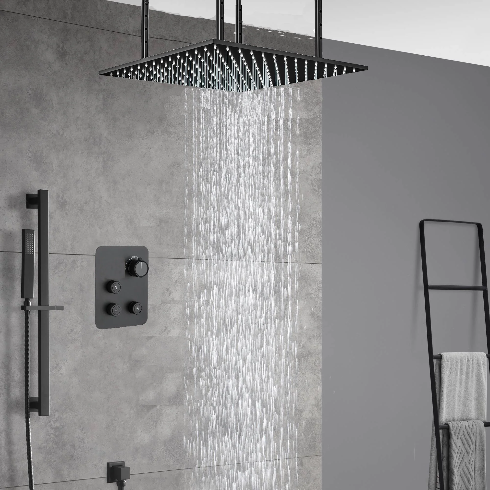 20inch matte black ceiling mount rainfall waterfall shower systems 3 way digital thermostatic valve - Image 4