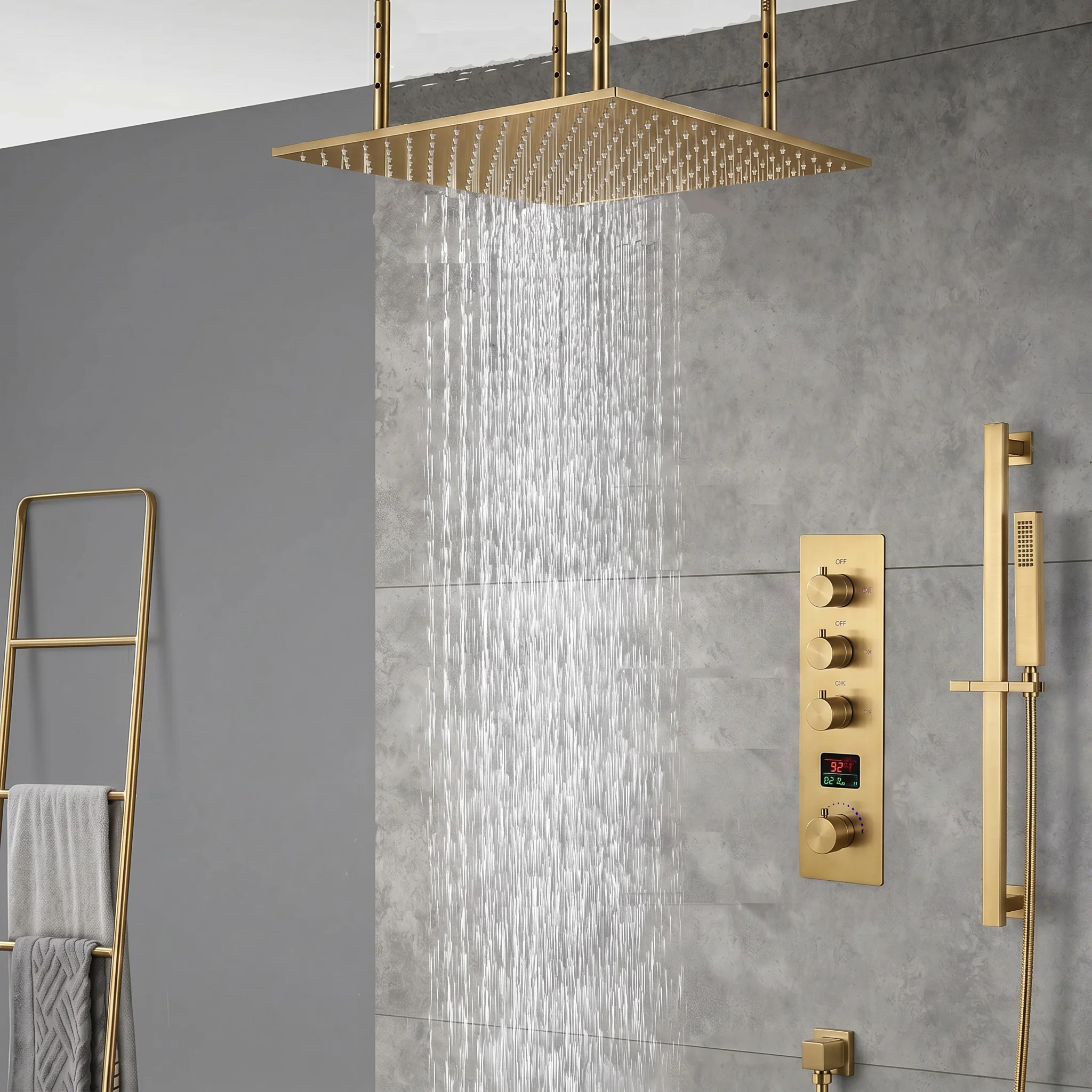 20inch matte black ceiling mount rainfall waterfall shower systems 3 way digital thermostatic valve - Image 5