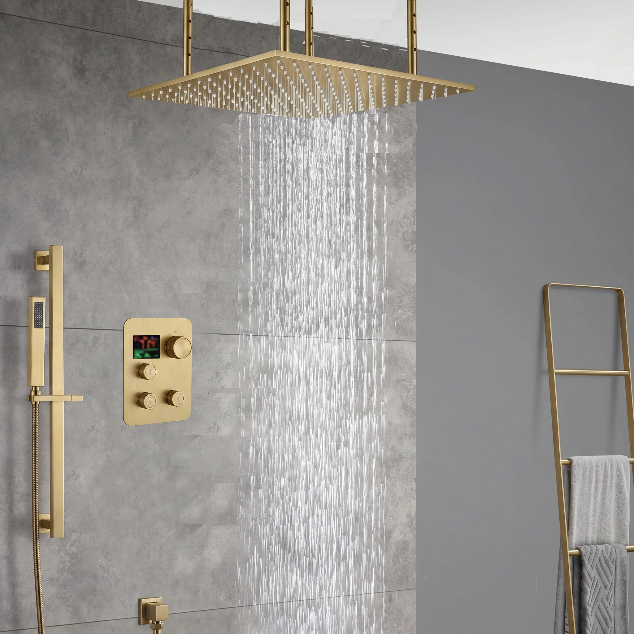 20inch matte black ceiling mount rainfall waterfall shower systems 3 way digital thermostatic valve - Image 7