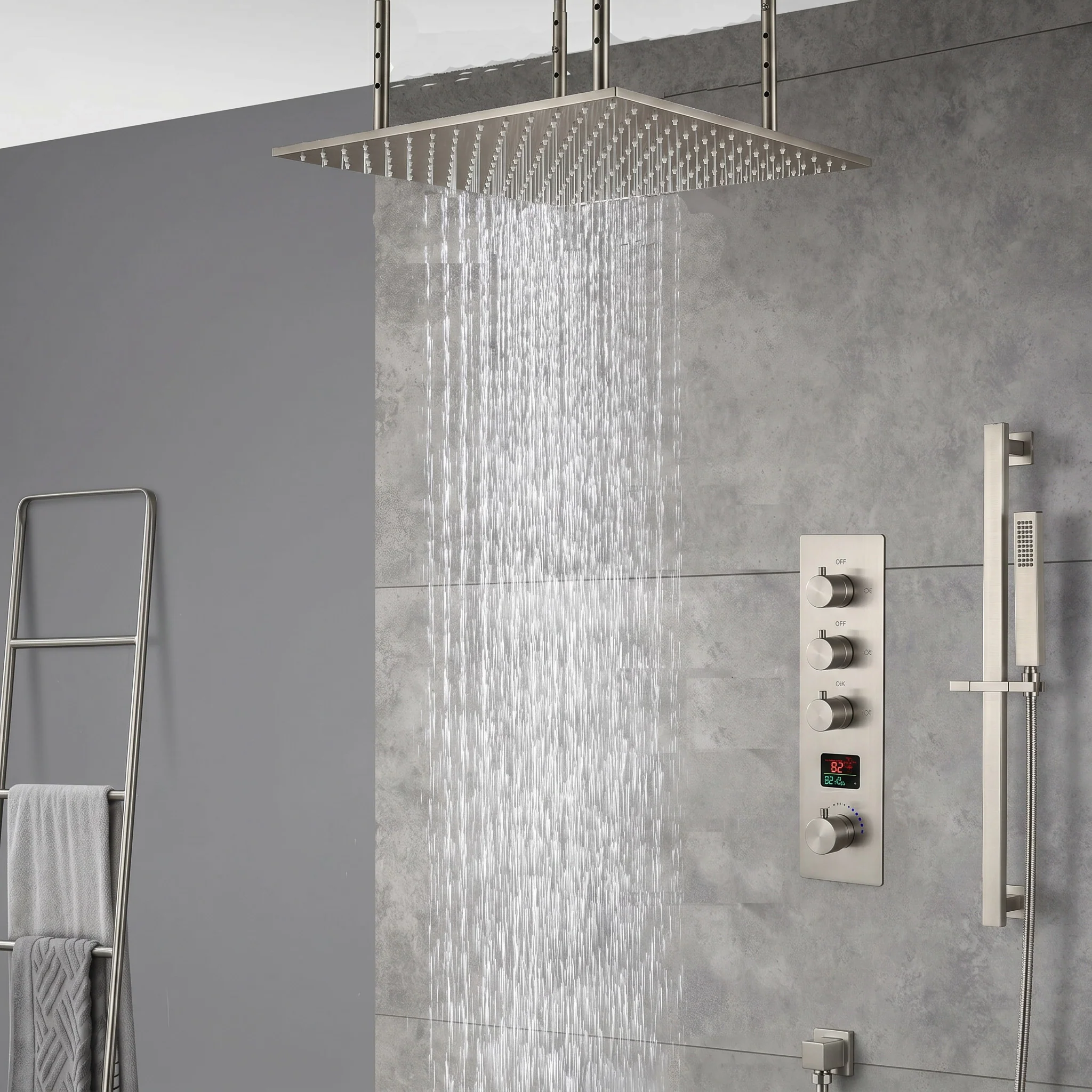 20inch matte black ceiling mount rainfall waterfall shower systems 3 way digital thermostatic valve - Image 9
