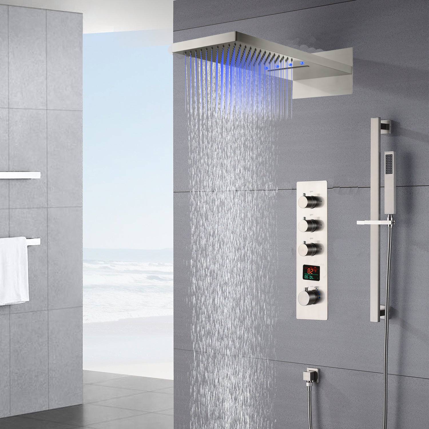 rainfall waterfall 22'' Brushed Nickel 3 Way digital display Thermostatic Shower Faucet system with sliding bar