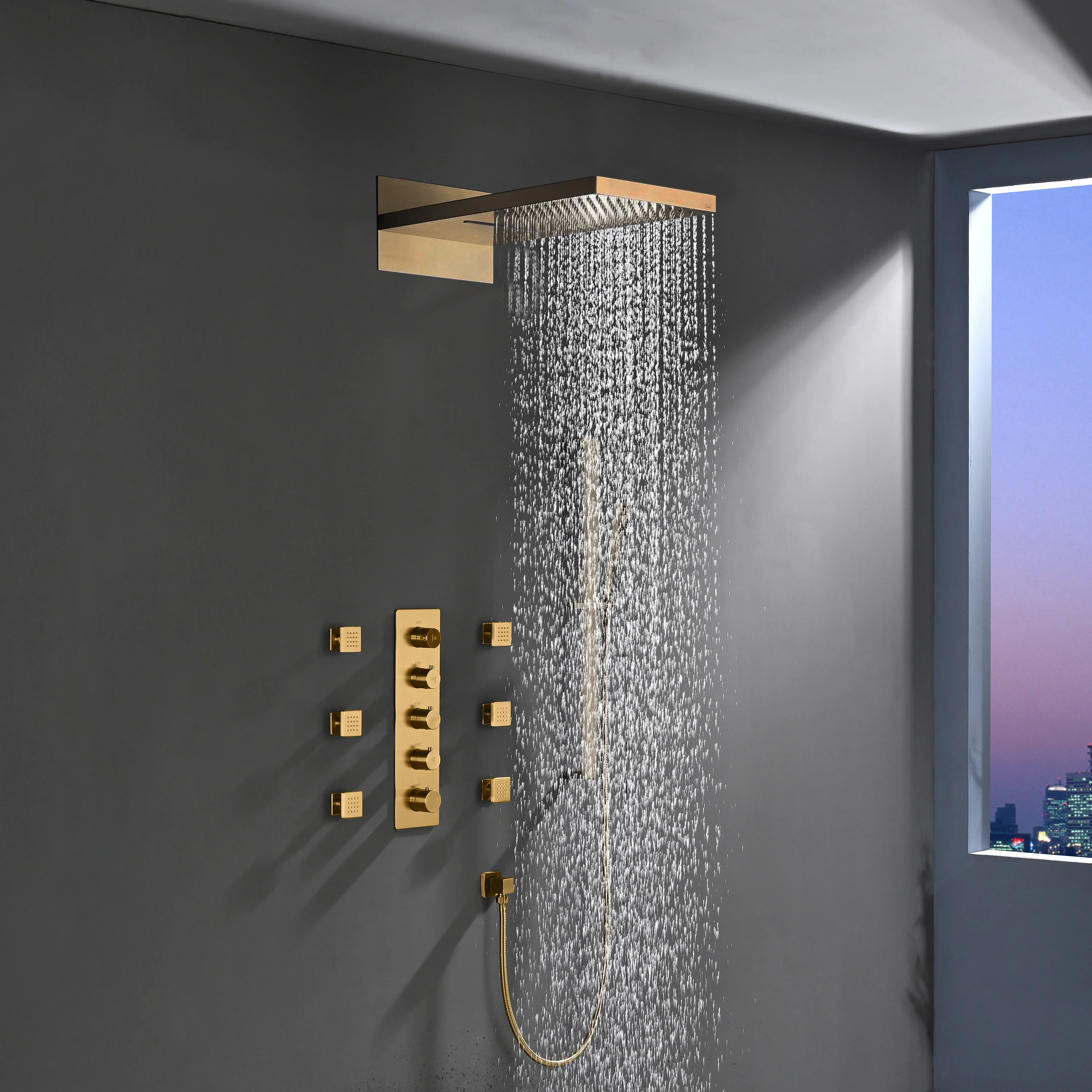 The Ultimate 22'' Brushed Nickel or brushed gold 4-Way Thermostatic Shower Faucet with Waterfall, Rain Massage, Body Jet Spray, and Sliding Bar - Image 4